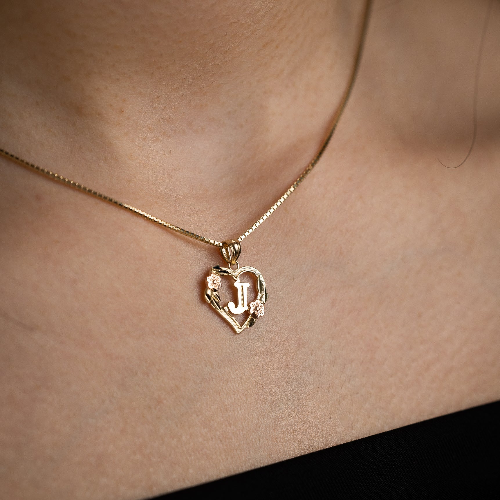 Gold Heart Letter J Pendant with Flowers | A-Z Pendants - Charlie & Co. Jewelry