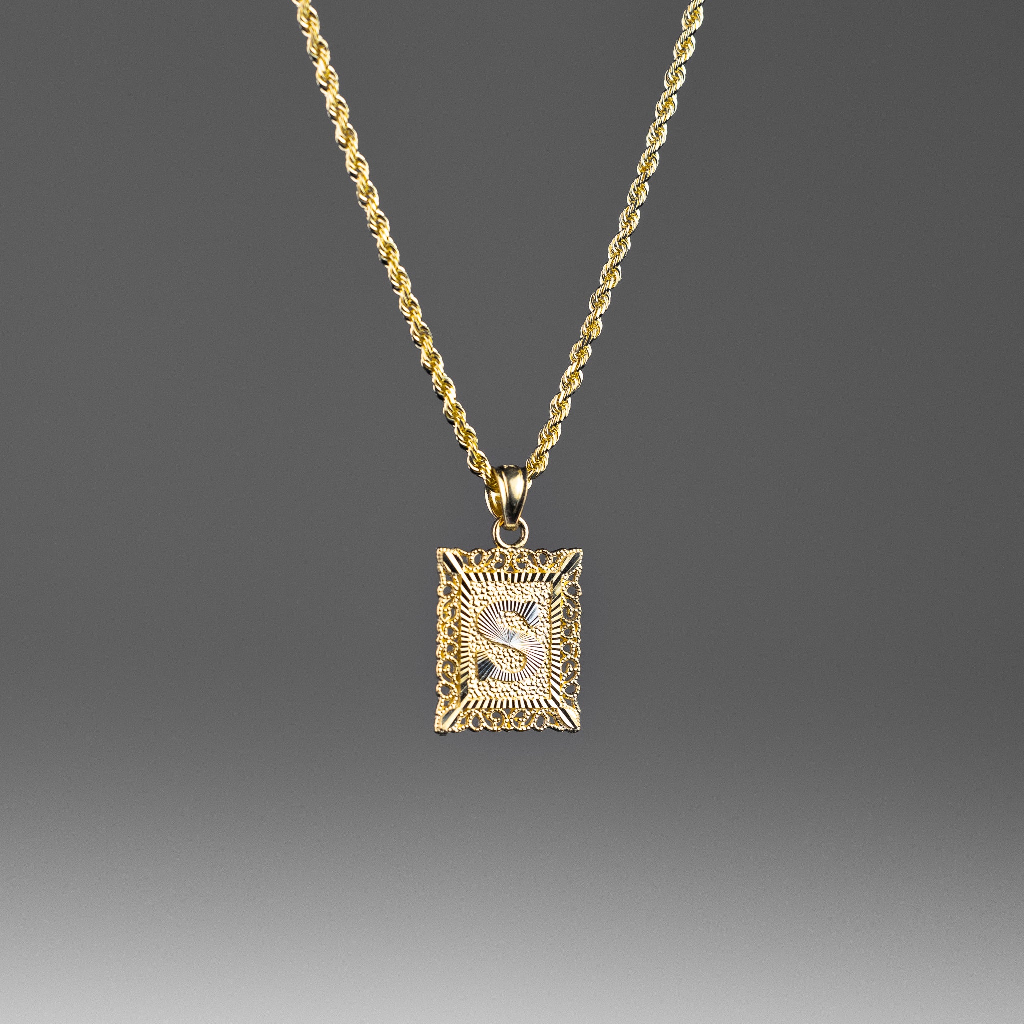 Gold Square "a-z" Letter Pendant Necklace Set For Him - Model 2051 - Charlie & Co. Jewelry
