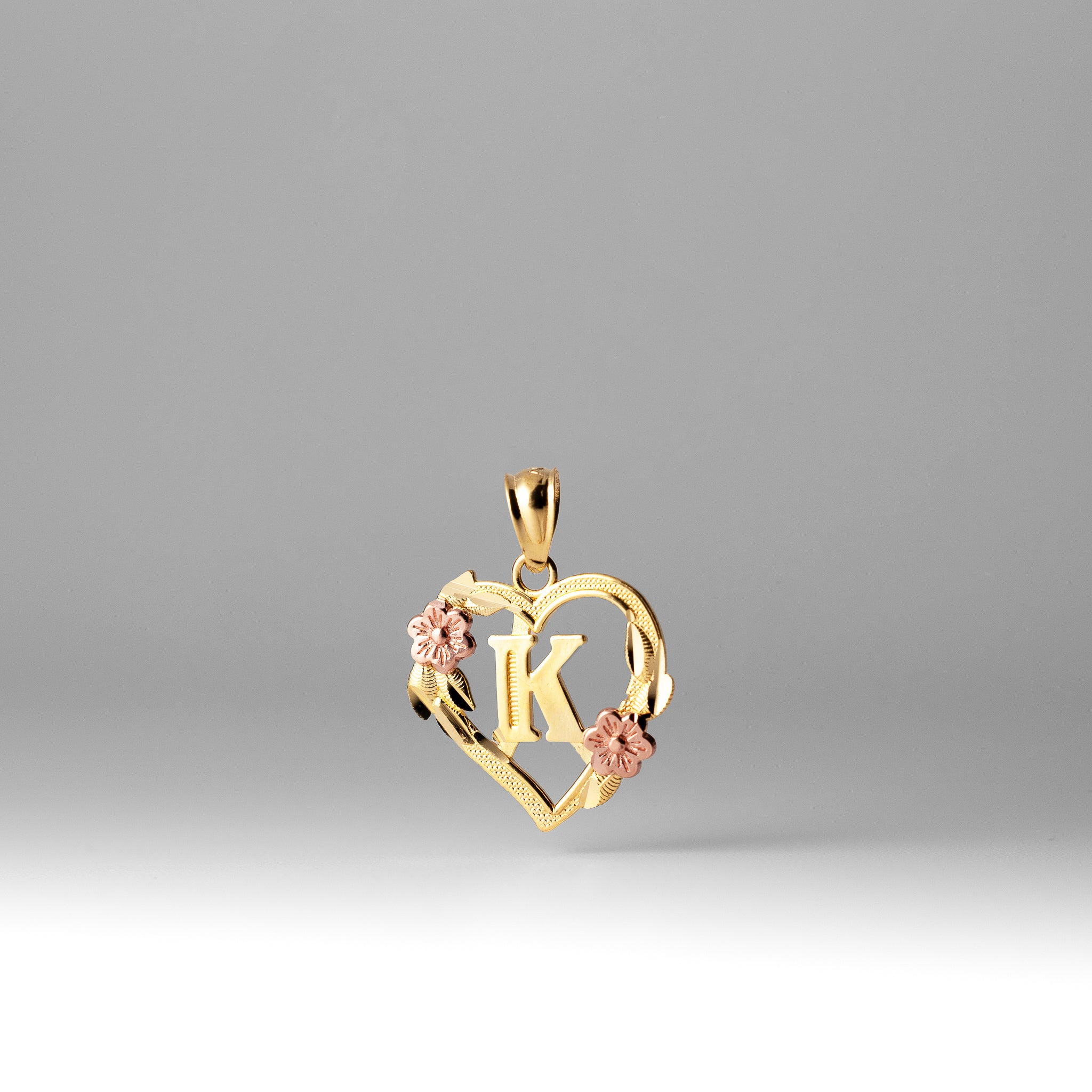 Gold Heart Letter K Pendant with Flowers | A-Z Pendants - Charlie & Co. Jewelry
