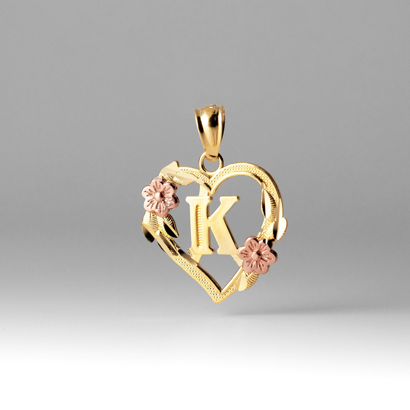 Gold Heart Letter K Pendant with Flowers | A-Z Pendants - Charlie & Co. Jewelry