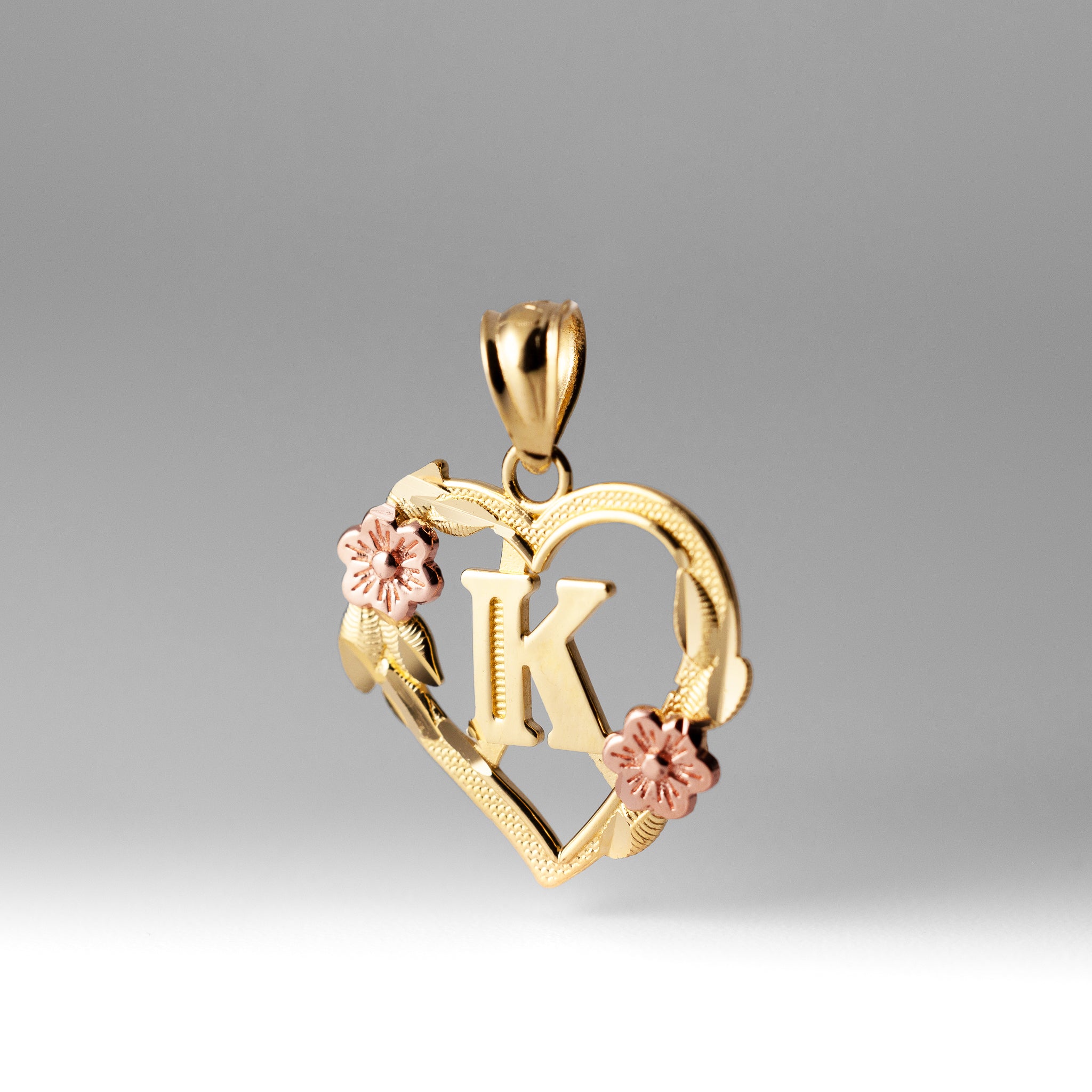 Gold Heart Letter K Pendant with Flowers | A-Z Pendants - Charlie & Co. Jewelry