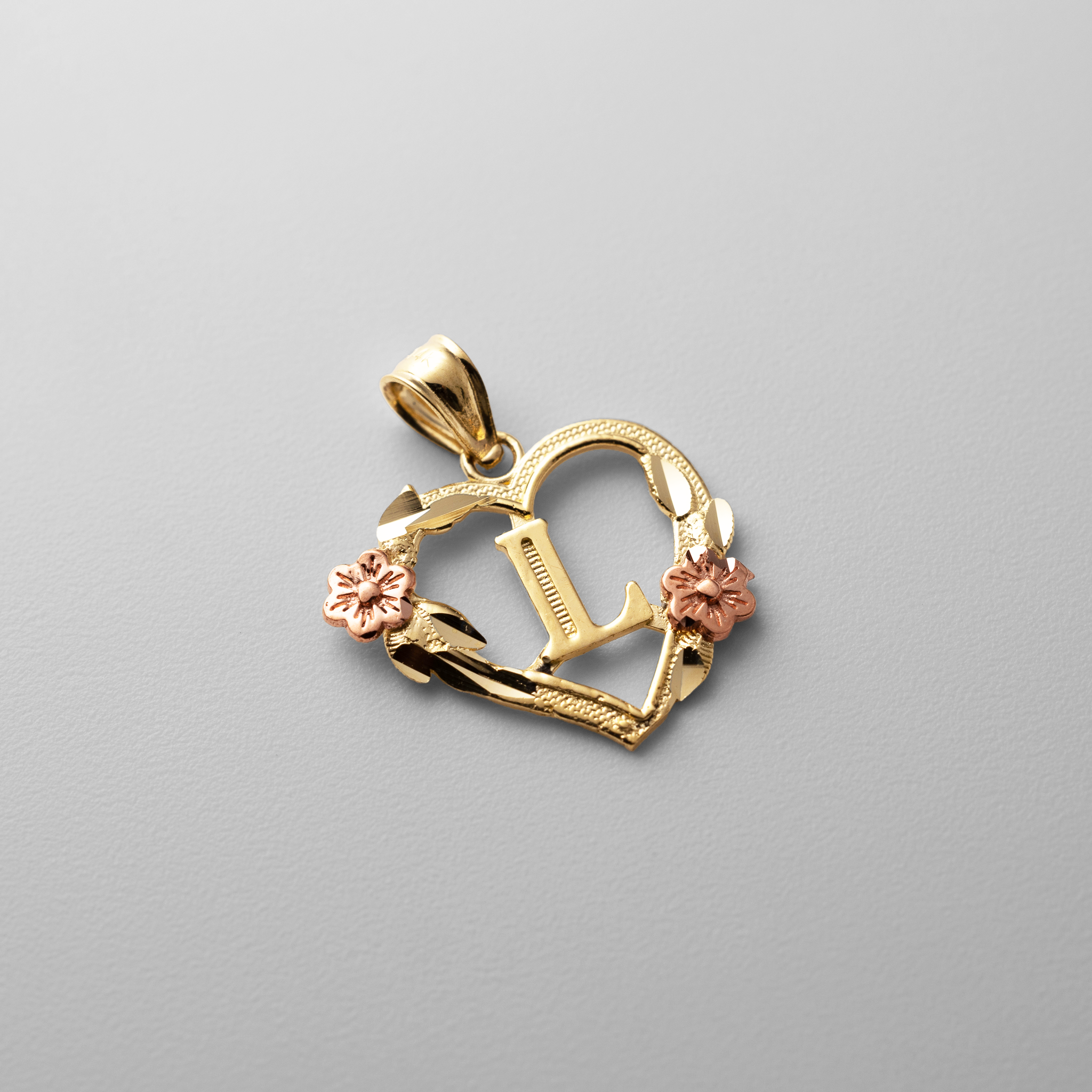 Gold Heart Letter L Pendant with Flowers | A-Z Pendants - Charlie & Co. Jewelry