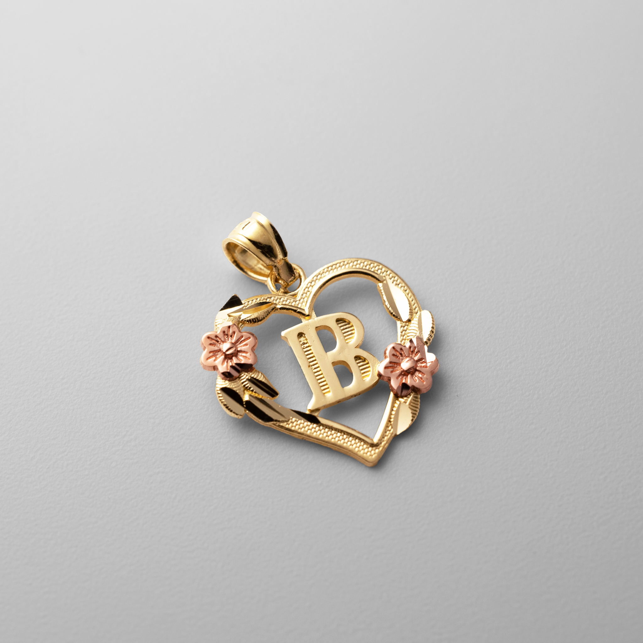 Gold Heart Letter B Pendant with Flowers | A-Z Pendants - Charlie & Co. Jewelry