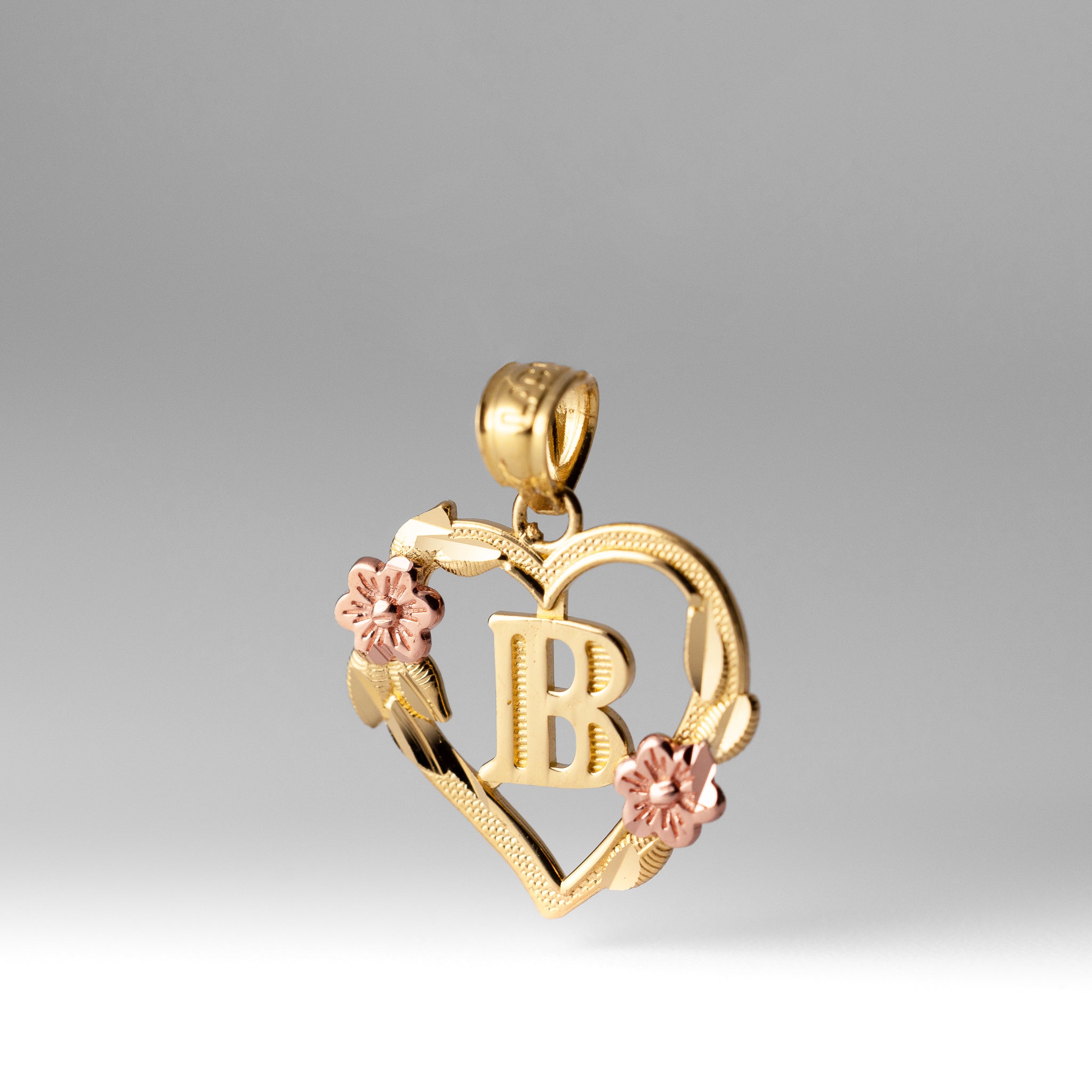 Gold Heart Letter B Pendant with Flowers | A-Z Pendants - Charlie & Co. Jewelry