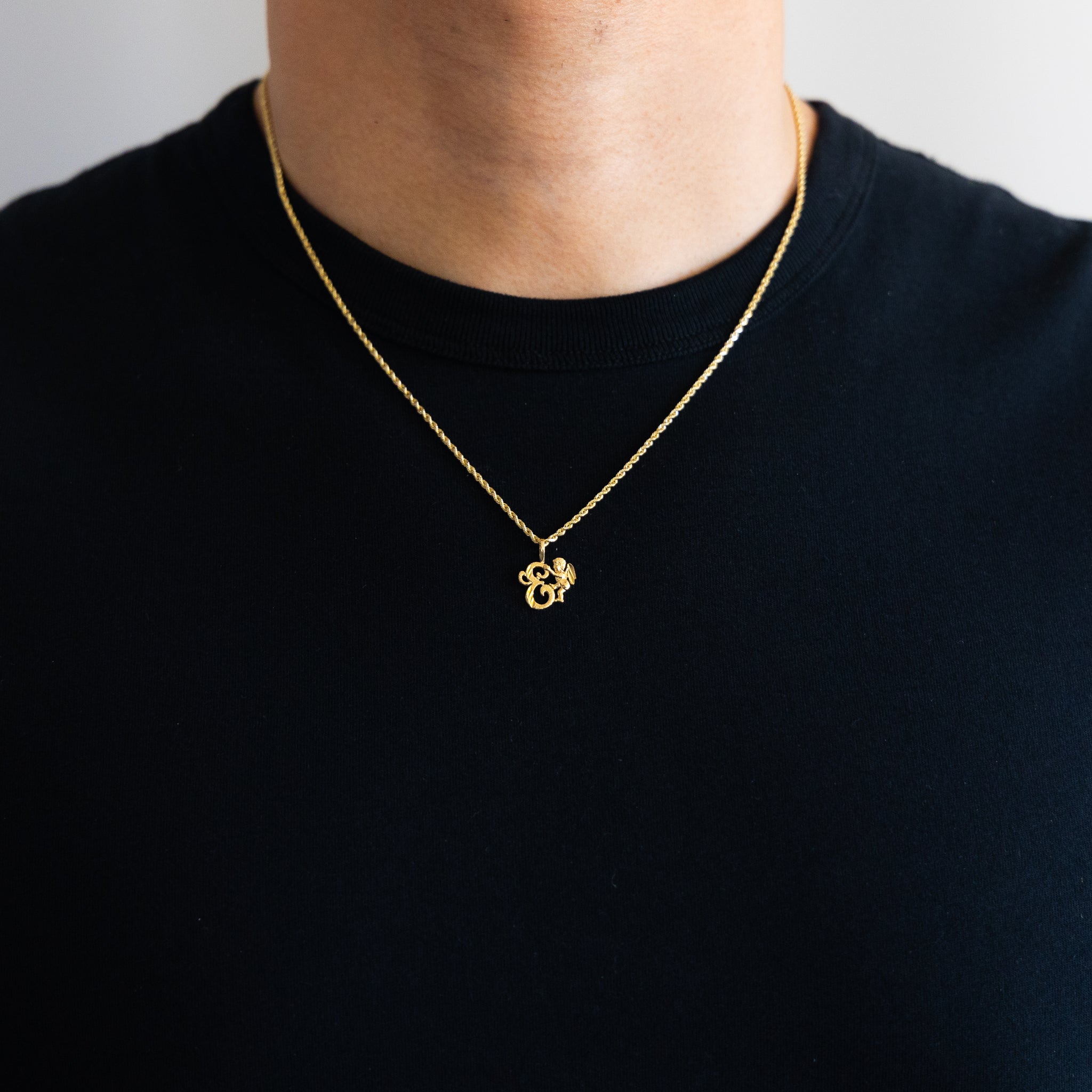 Gold Angel Letter E Pendant | A-Z Pendants - Charlie & Co. Jewelry