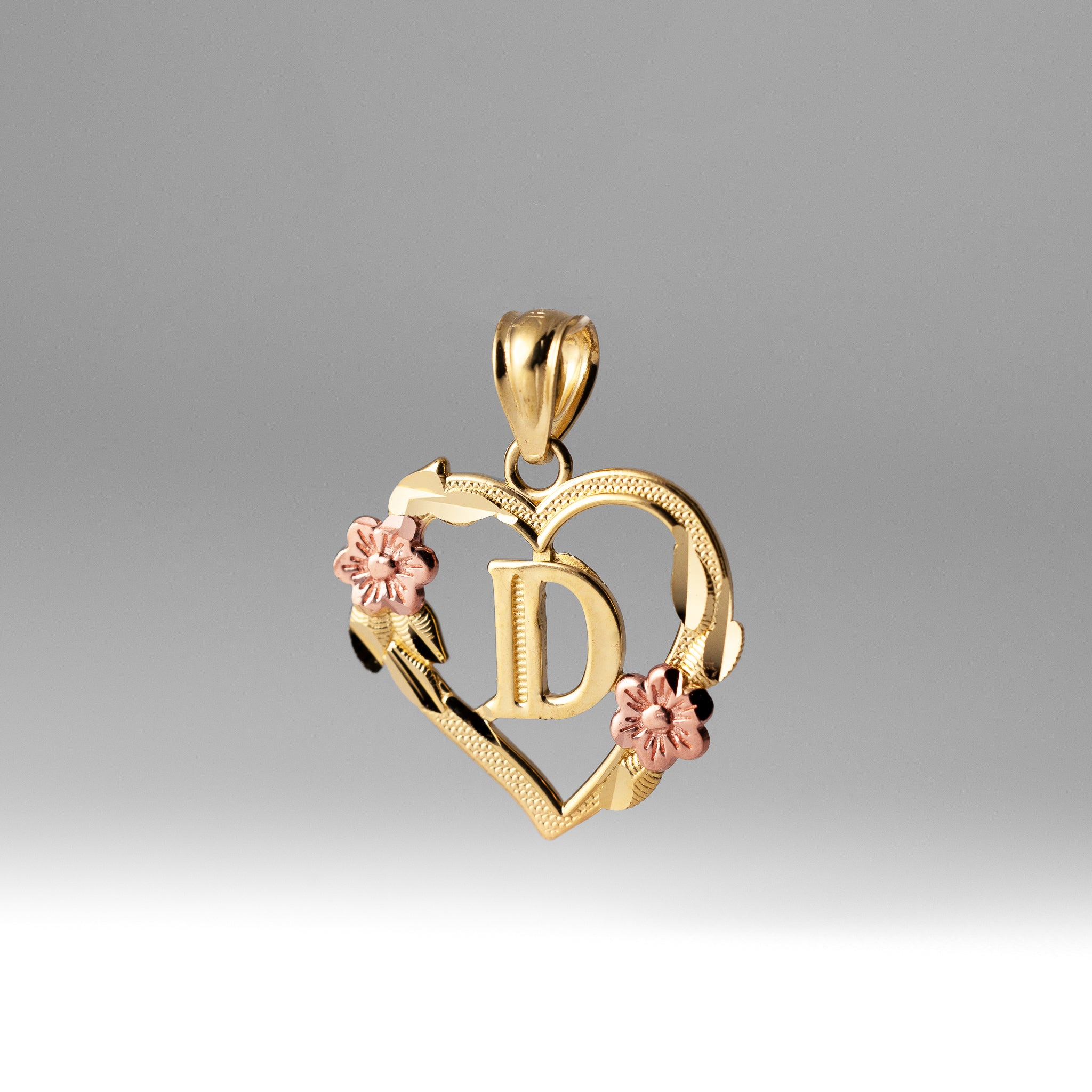 Gold Heart Letter D Pendant with Flowers | A-Z Pendants - Charlie & Co. Jewelry