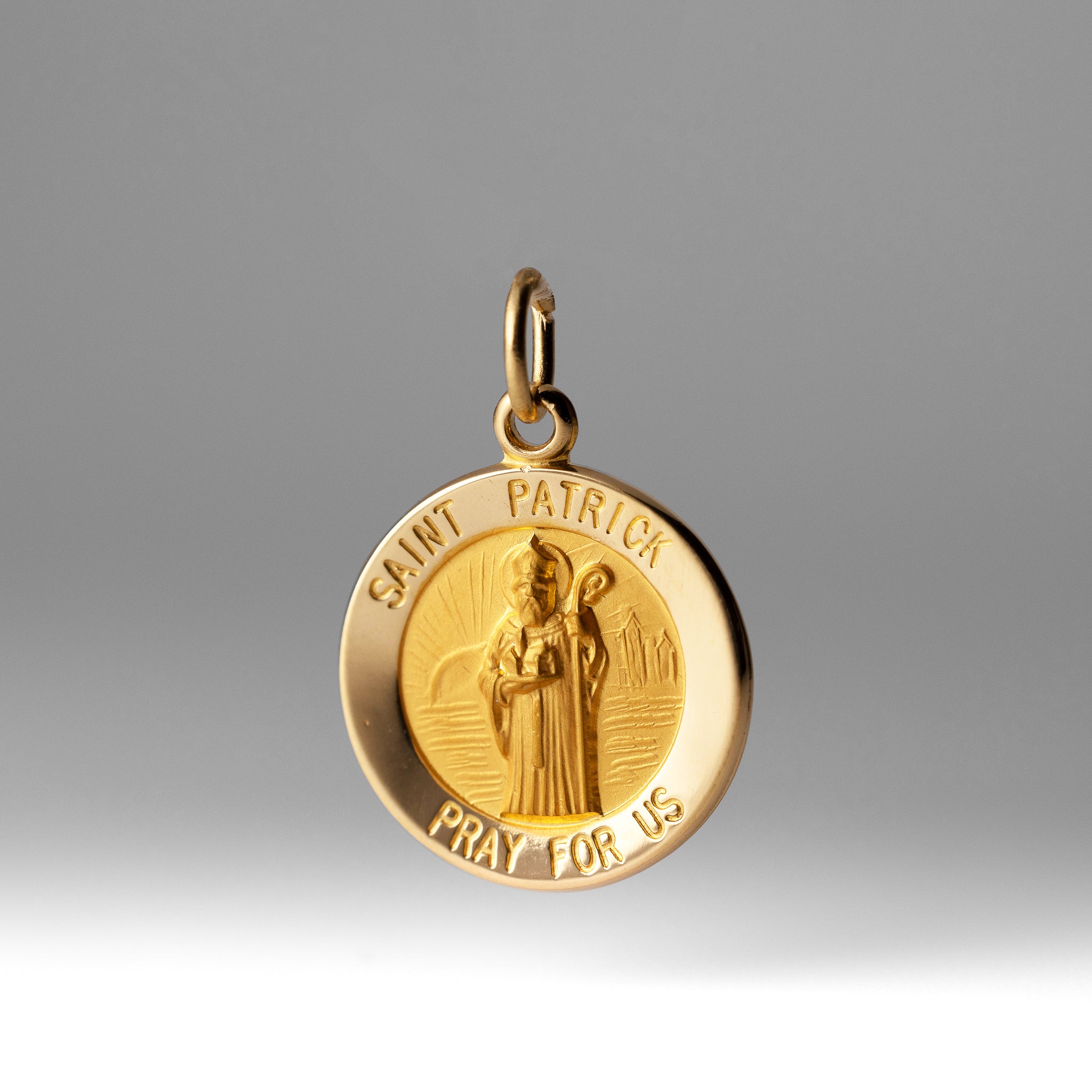 Gold Small Saint Patrick Solid Medal Charm - Model XR404 - Charlie & Co. Jewelry