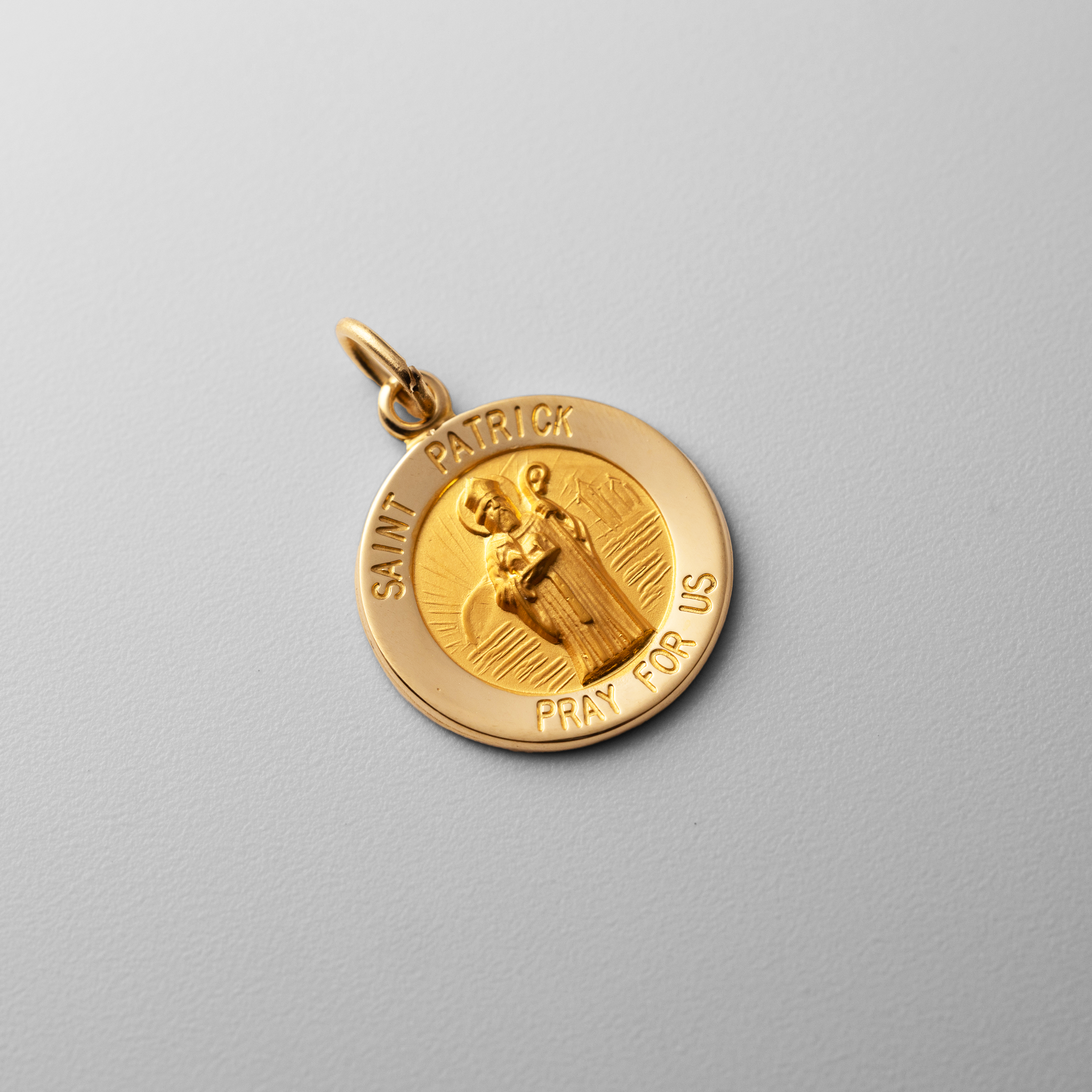 Gold Small Saint Patrick Solid Medal Charm - Model XR404 - Charlie & Co. Jewelry