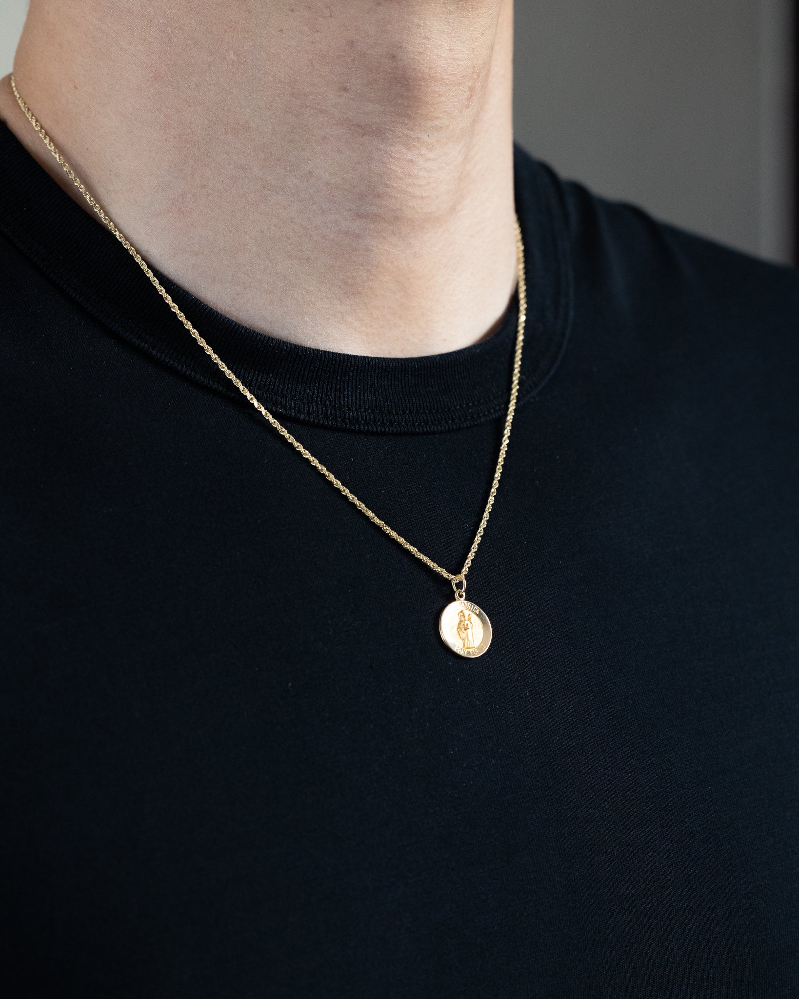 Gold Small Saint Patrick Solid Medal Charm - Model XR404 - Charlie & Co. Jewelry