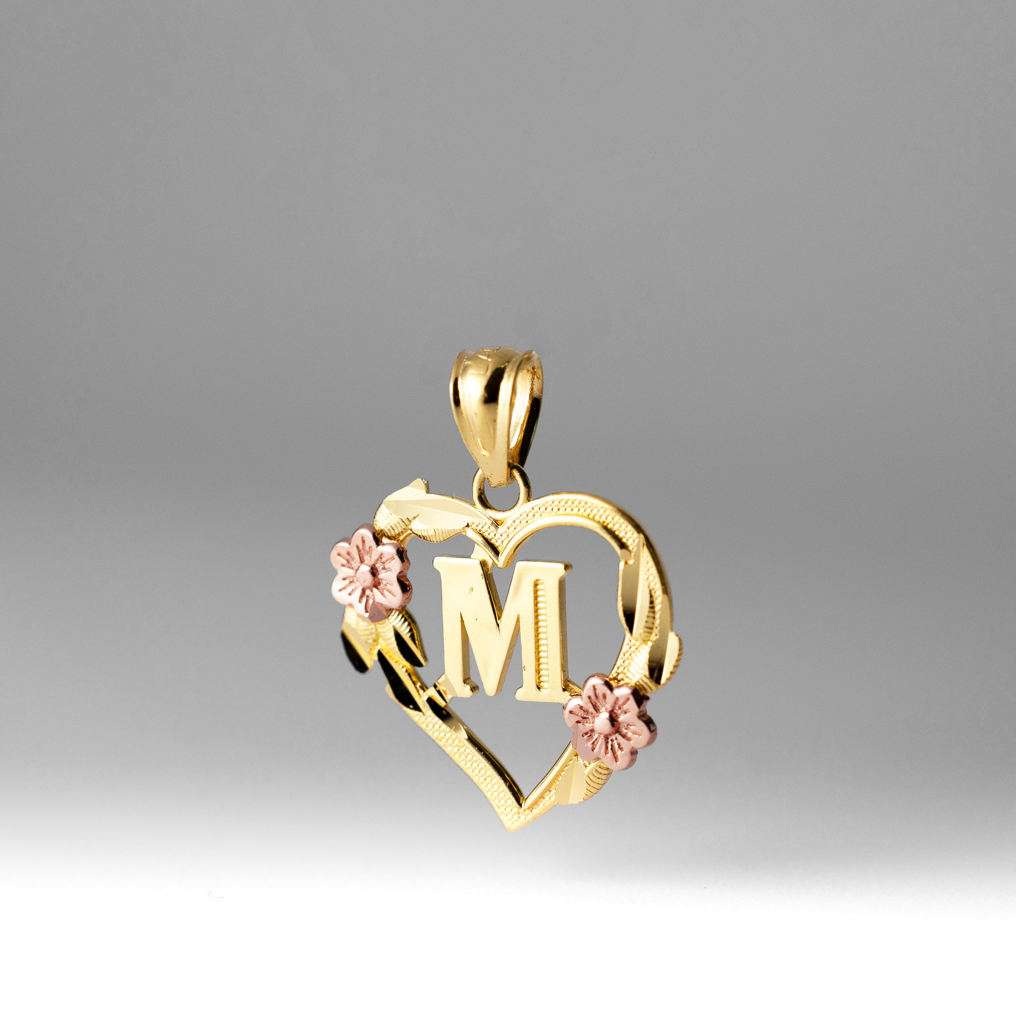 Gold Heart Letter M Pendant with Flowers | A-Z Pendants - Charlie & Co. Jewelry