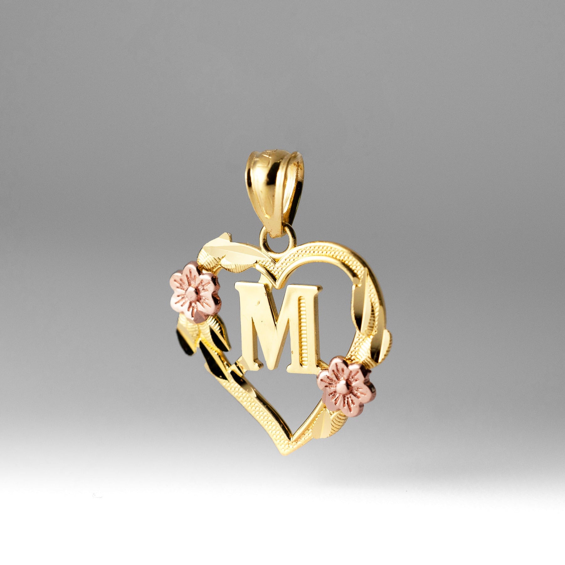 Gold Heart Letter M Pendant with Flowers | A-Z Pendants - Charlie & Co. Jewelry
