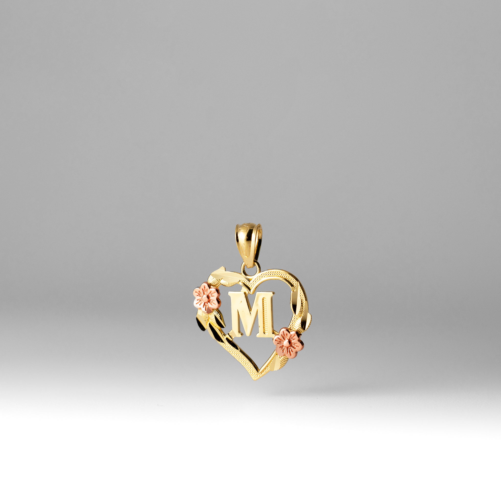 Gold Heart Letter M Pendant with Flowers | A-Z Pendants - Charlie & Co. Jewelry