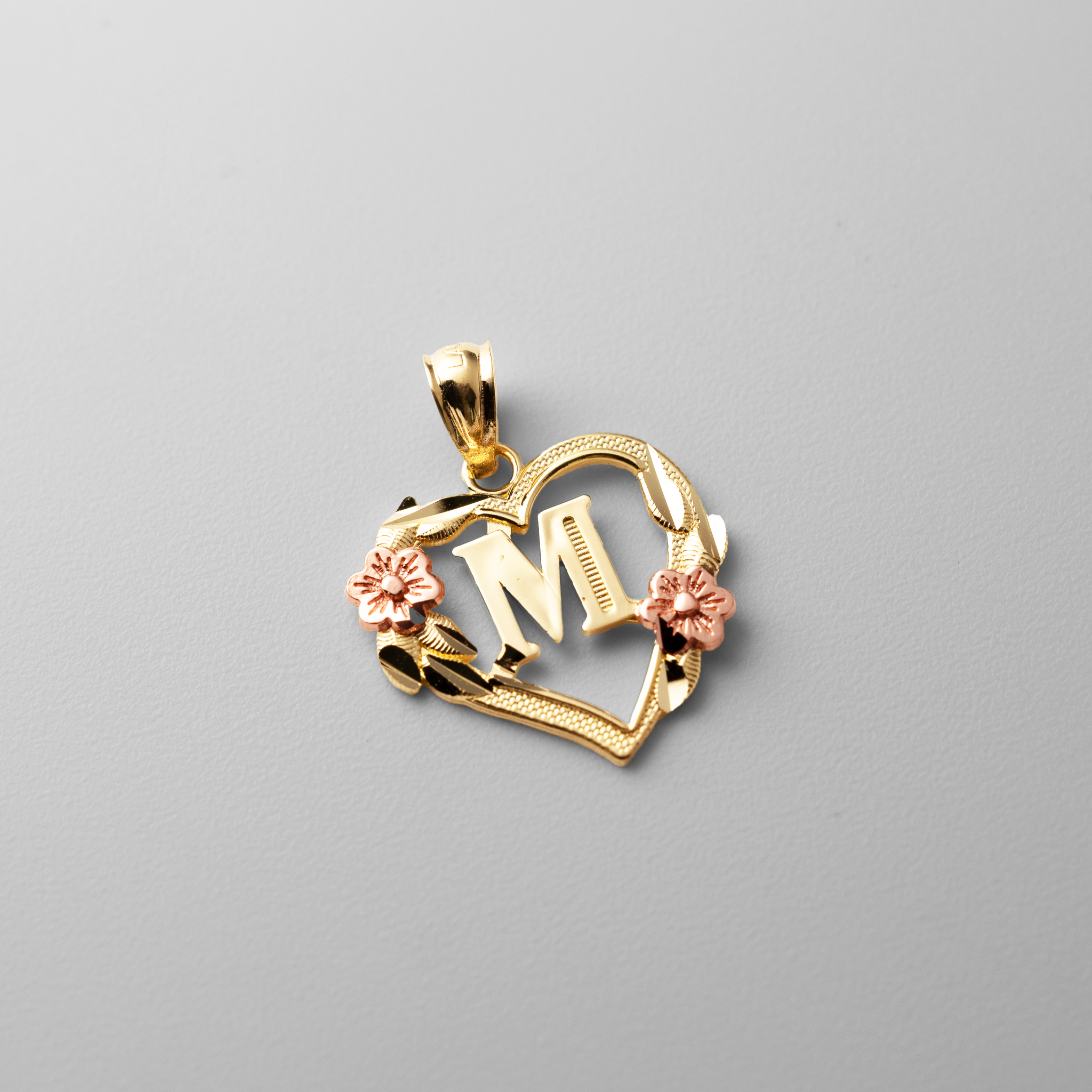 Gold Heart Letter M Pendant with Flowers | A-Z Pendants - Charlie & Co. Jewelry