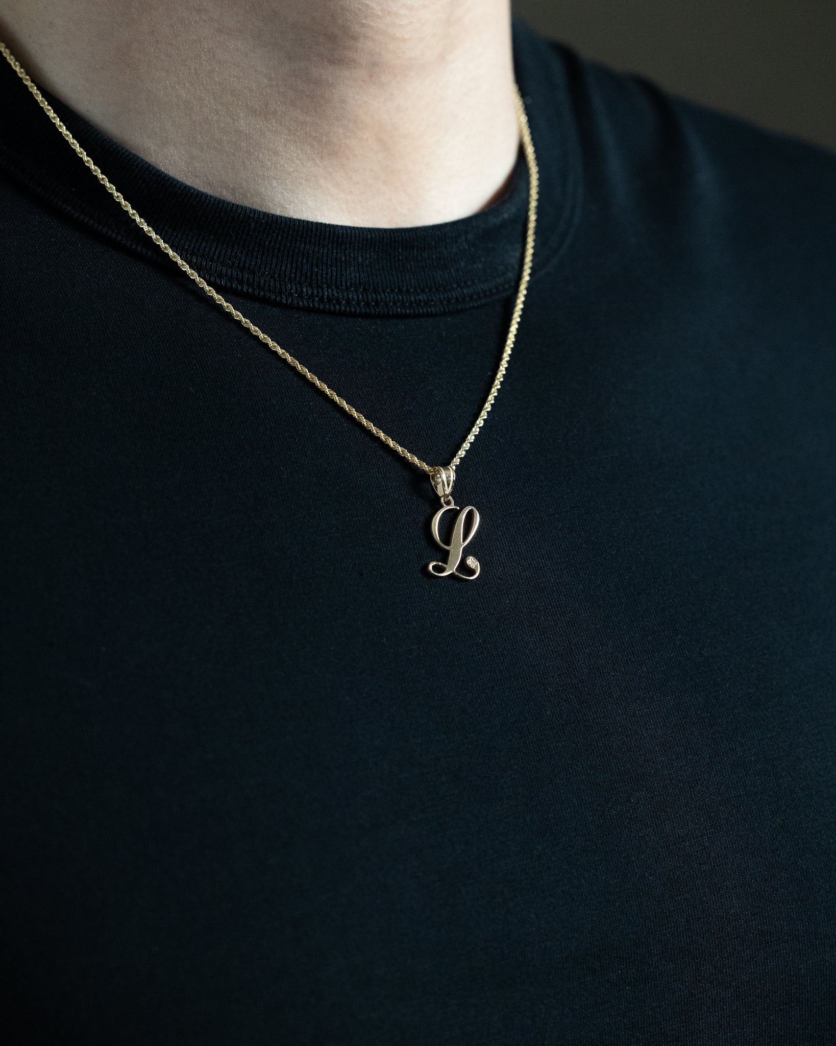 Gold Script Letter L Initial Pendant with Diamond - Model YC252L - Charlie & Co. Jewelry