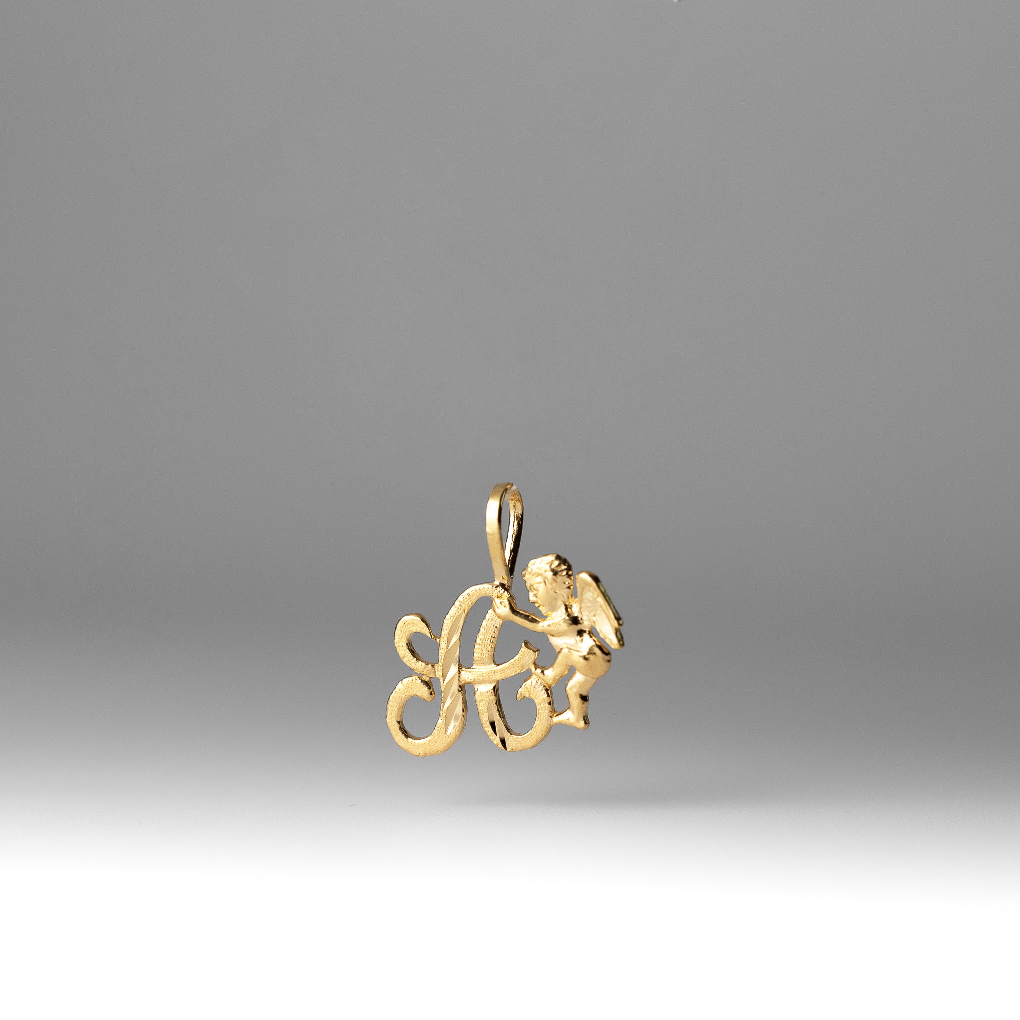 Gold Script Letter A Pendant with Cherub Angel | A-Z Pendants - Charlie & Co. Jewelry