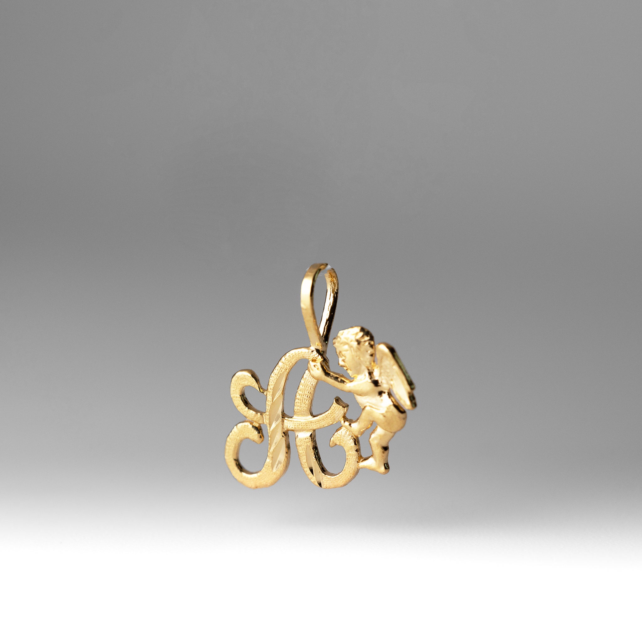 Gold Script Letter A Pendant with Cherub Angel | A-Z Pendants - Charlie & Co. Jewelry