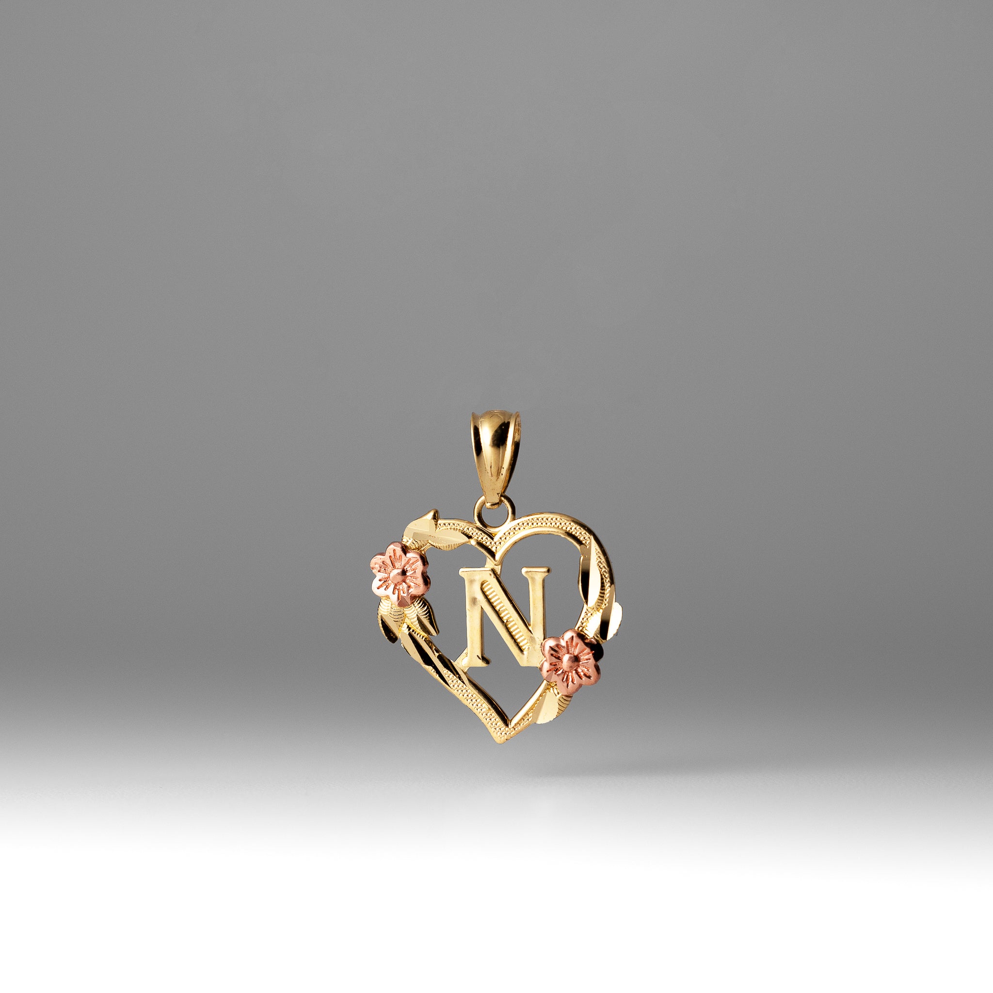 Gold Heart Letter N Pendant with Flowers | A-Z Pendants - Charlie & Co. Jewelry
