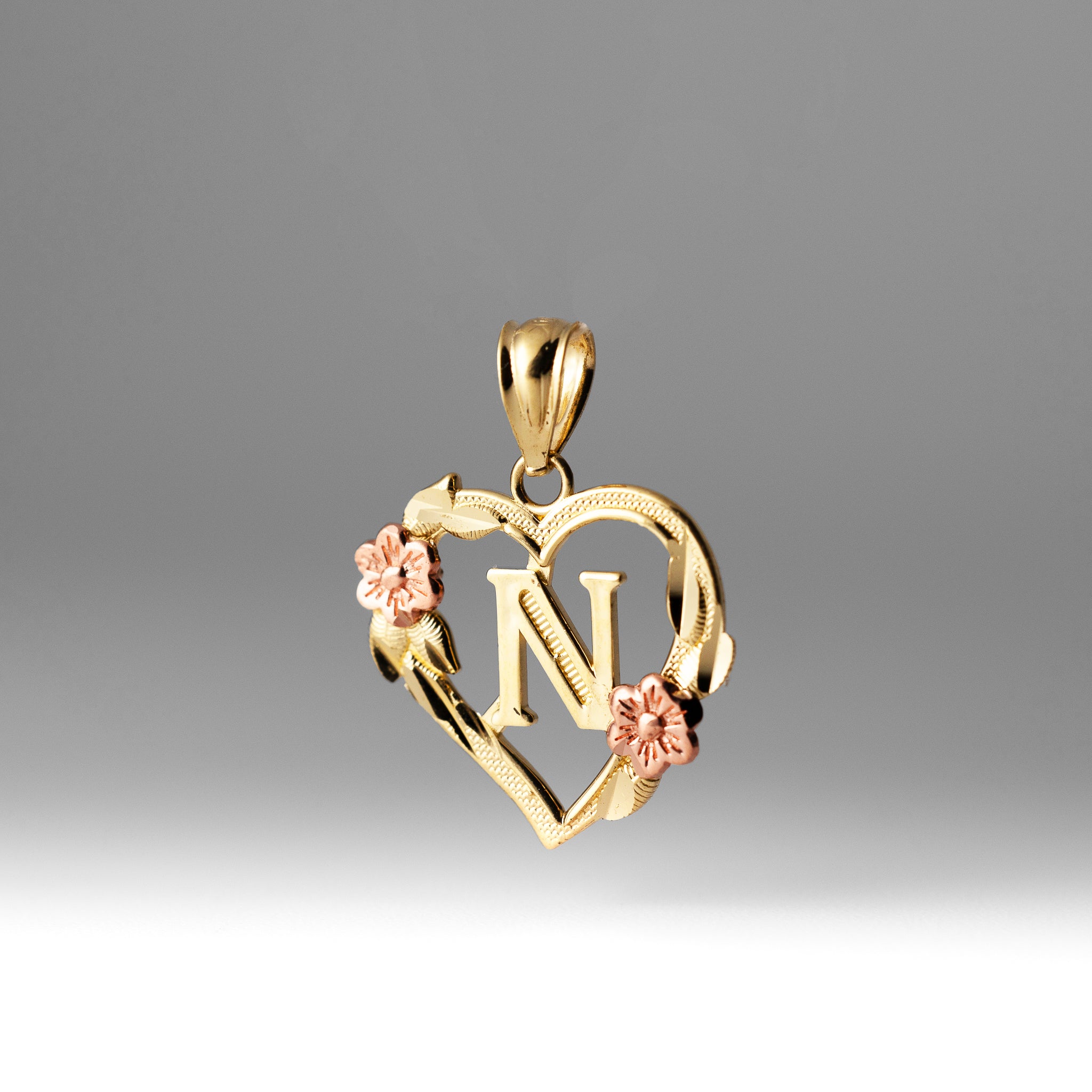 Gold Heart Letter N Pendant with Flowers | A-Z Pendants - Charlie & Co. Jewelry
