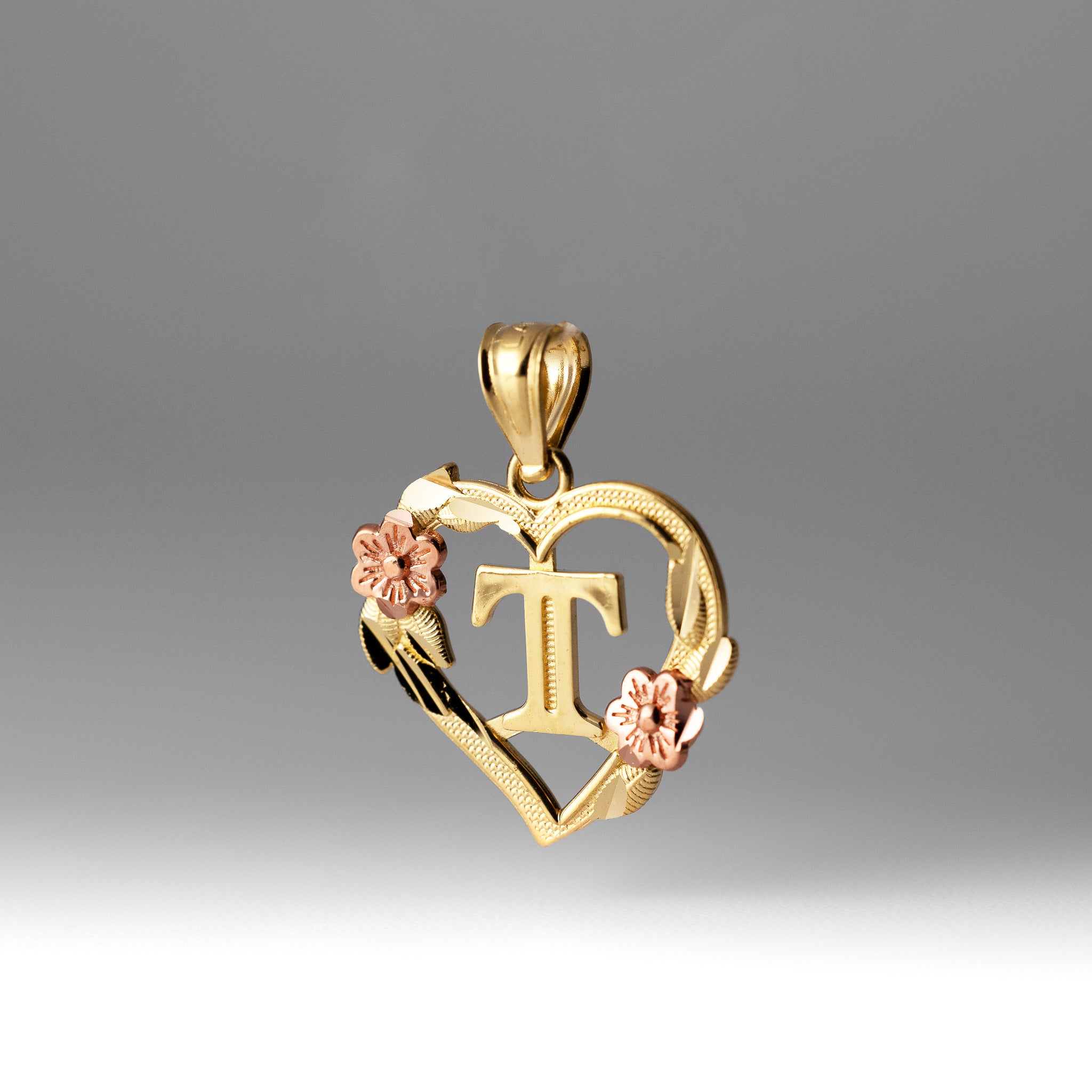 Gold Heart Letter T Pendant with Flowers | A-Z Pendants - Charlie & Co. Jewelry