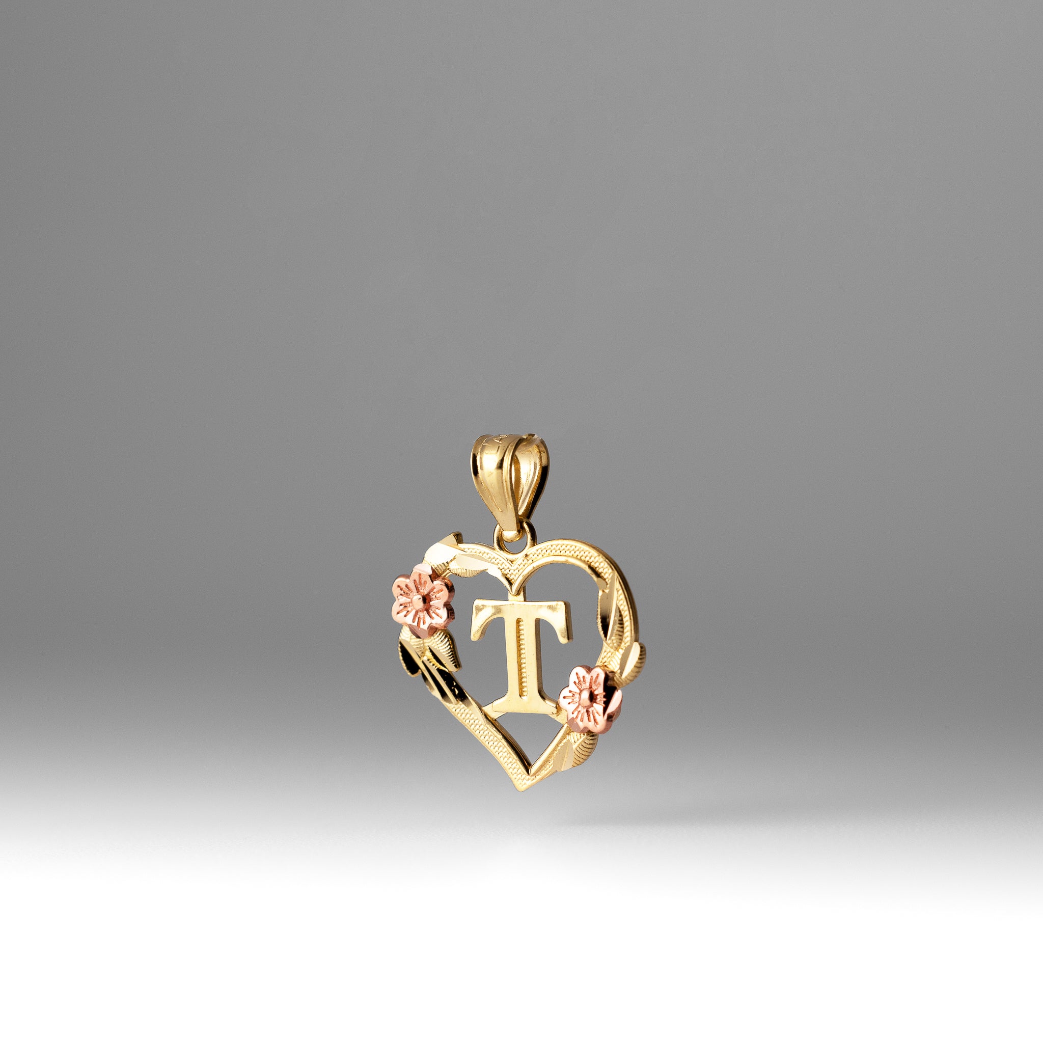 Gold Heart Letter T Pendant with Flowers | A-Z Pendants - Charlie & Co. Jewelry