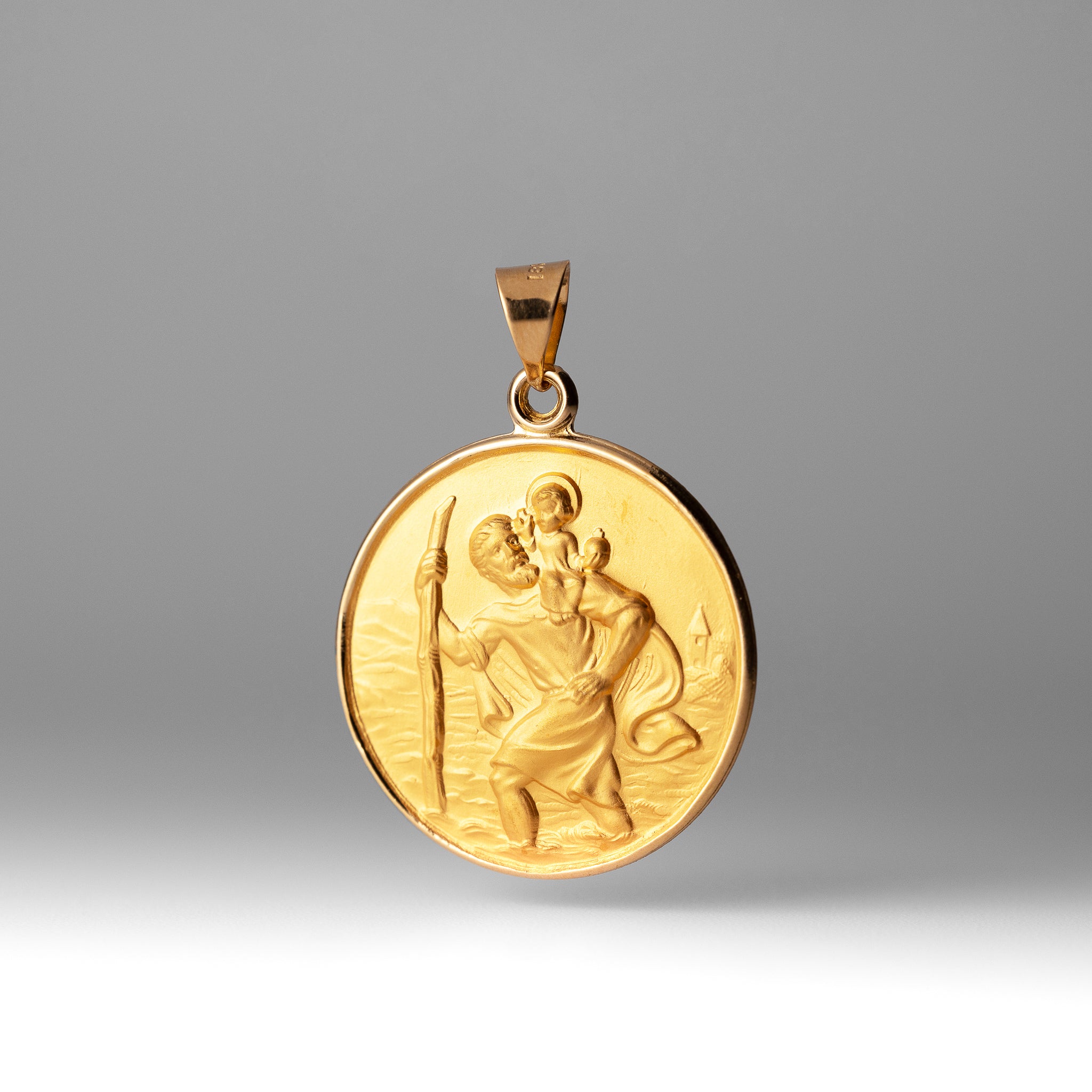 18K Gold Large Saint Christopher Protect Us Solid Medal Charm - Model 18XR14 - Charlie & Co. Jewelry