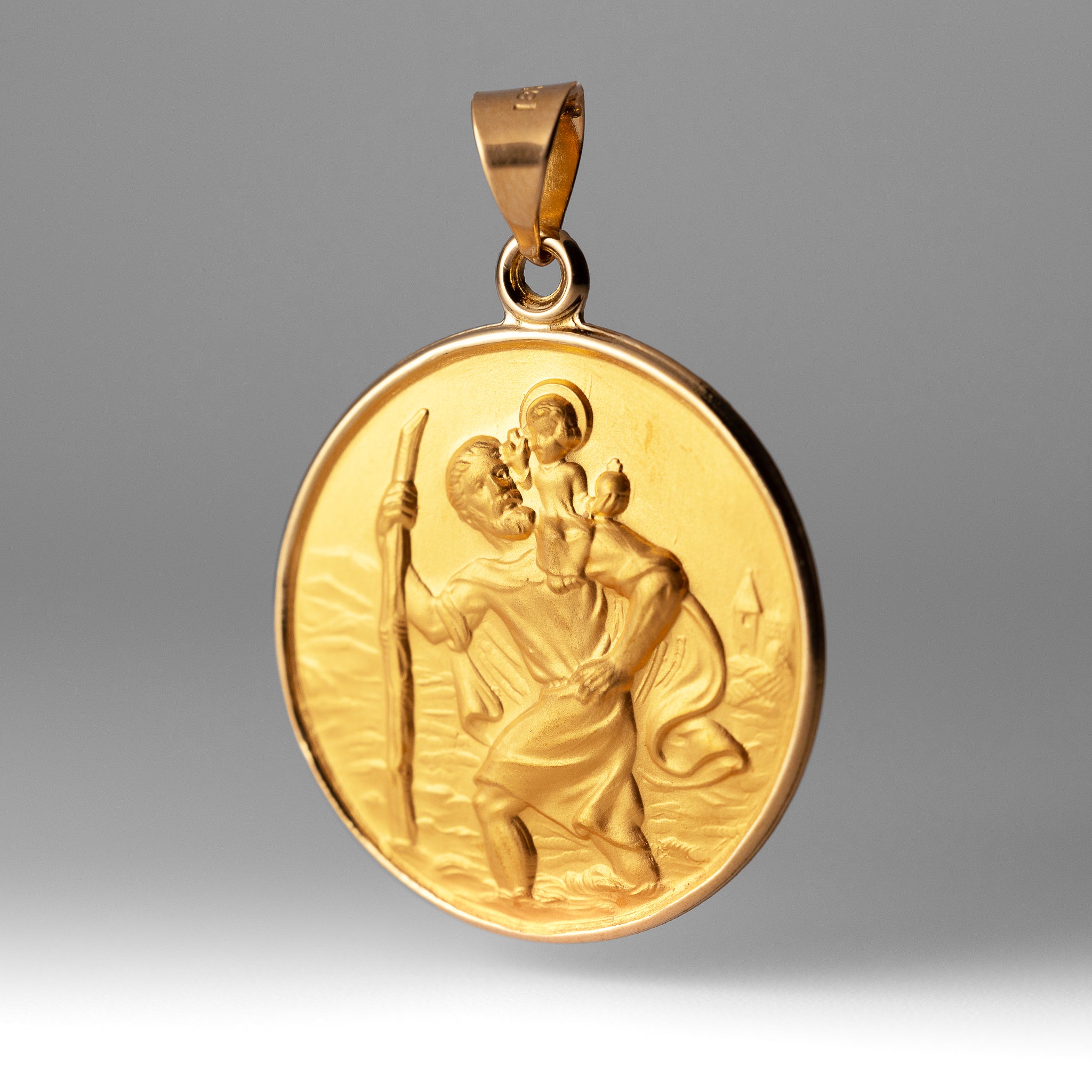 18K Gold Large Saint Christopher Protect Us Solid Medal Charm - Model 18XR14 - Charlie & Co. Jewelry
