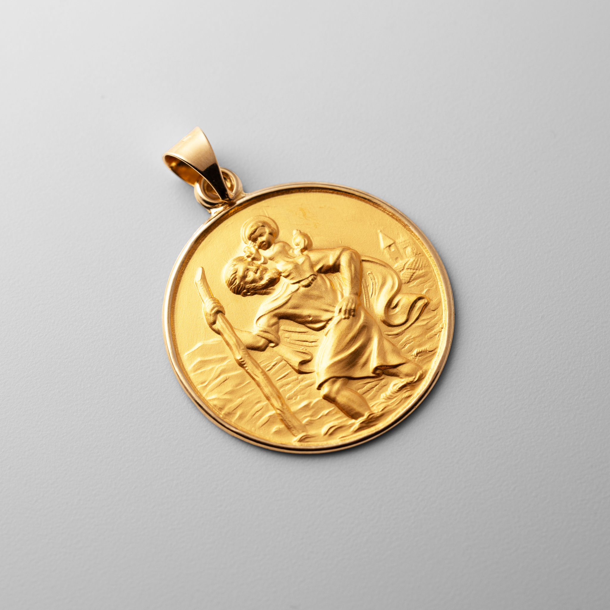 18K Gold Large Saint Christopher Protect Us Solid Medal Charm - Model 18XR14 - Charlie & Co. Jewelry