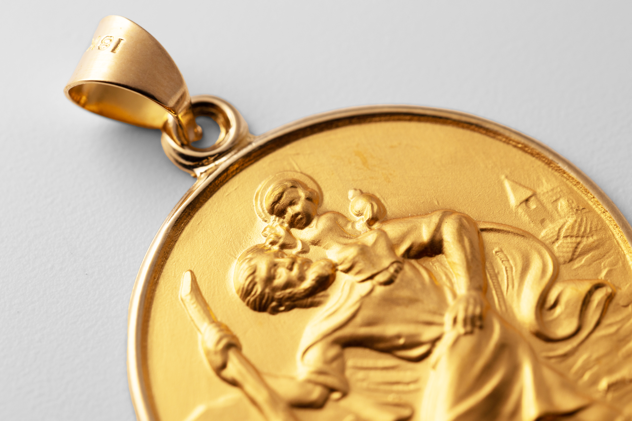 18K Gold Large Saint Christopher Protect Us Solid Medal Charm - Model 18XR14 - Charlie & Co. Jewelry