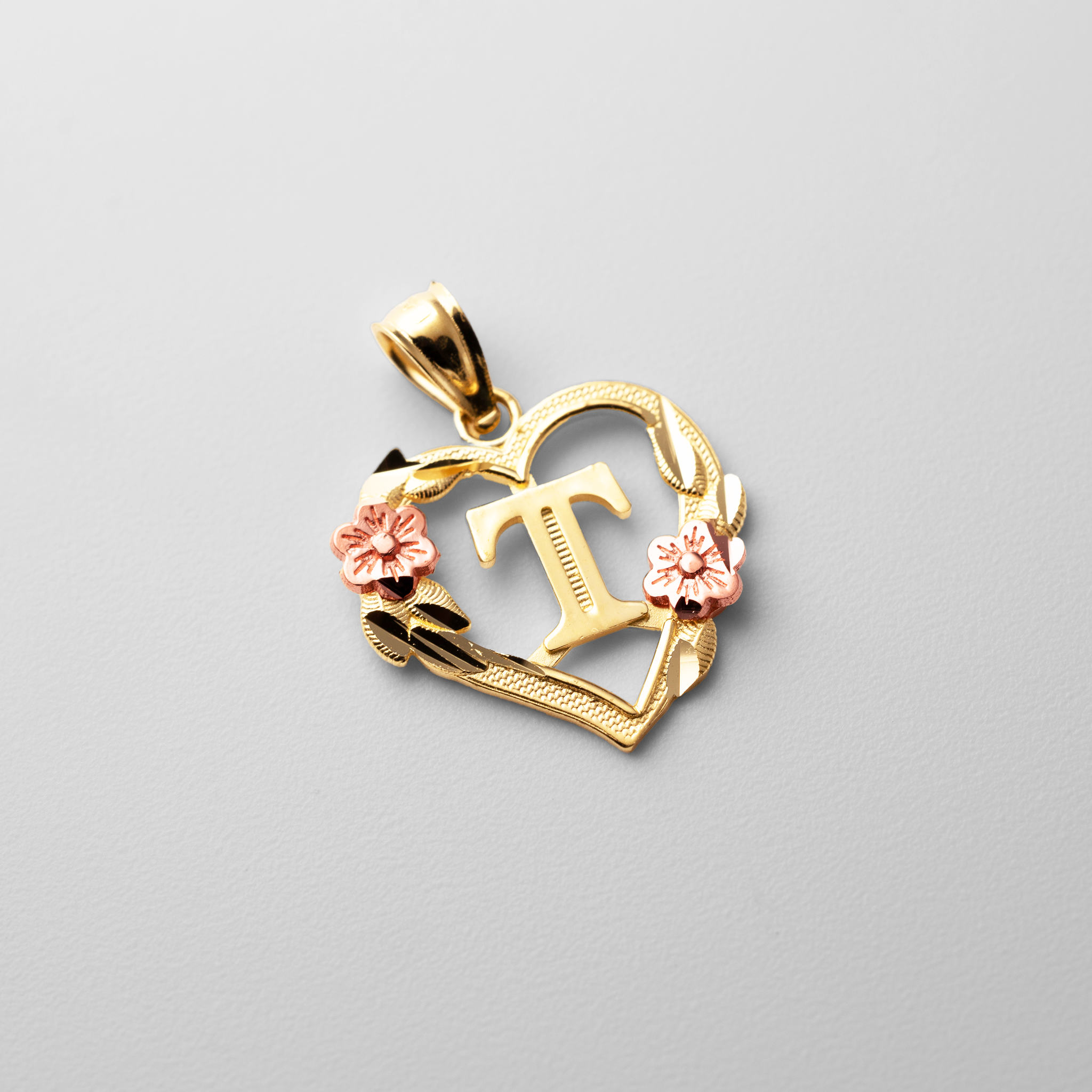 Gold Heart Letter T Pendant with Flowers | A-Z Pendants - Charlie & Co. Jewelry