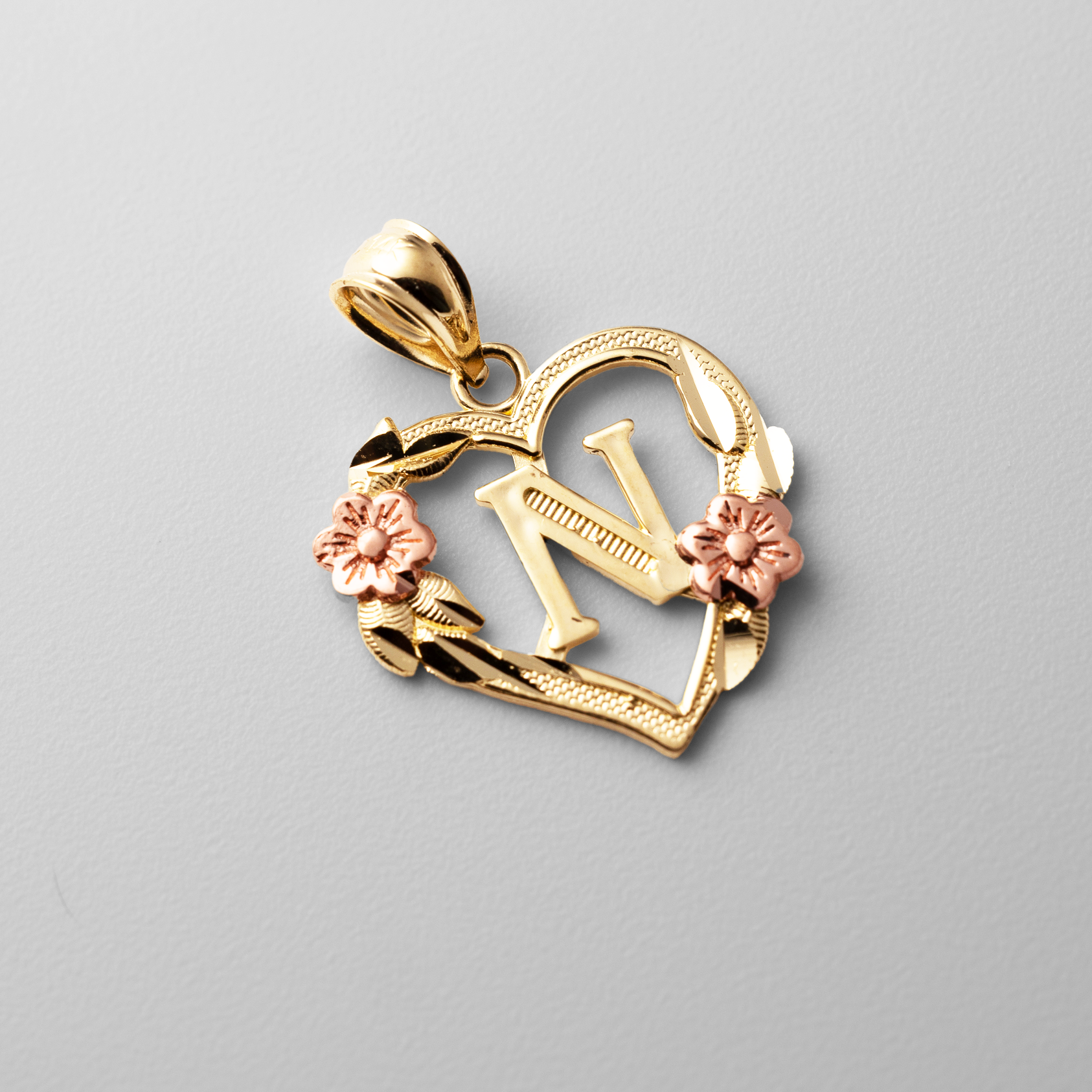 Gold Heart Letter N Pendant with Flowers | A-Z Pendants - Charlie & Co. Jewelry