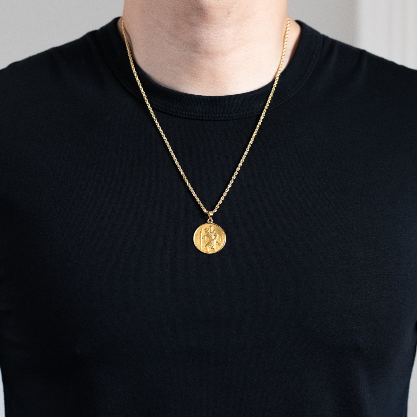 18K Gold Large Saint Christopher Protect Us Solid Medal Charm - Model 18XR14 - Charlie & Co. Jewelry