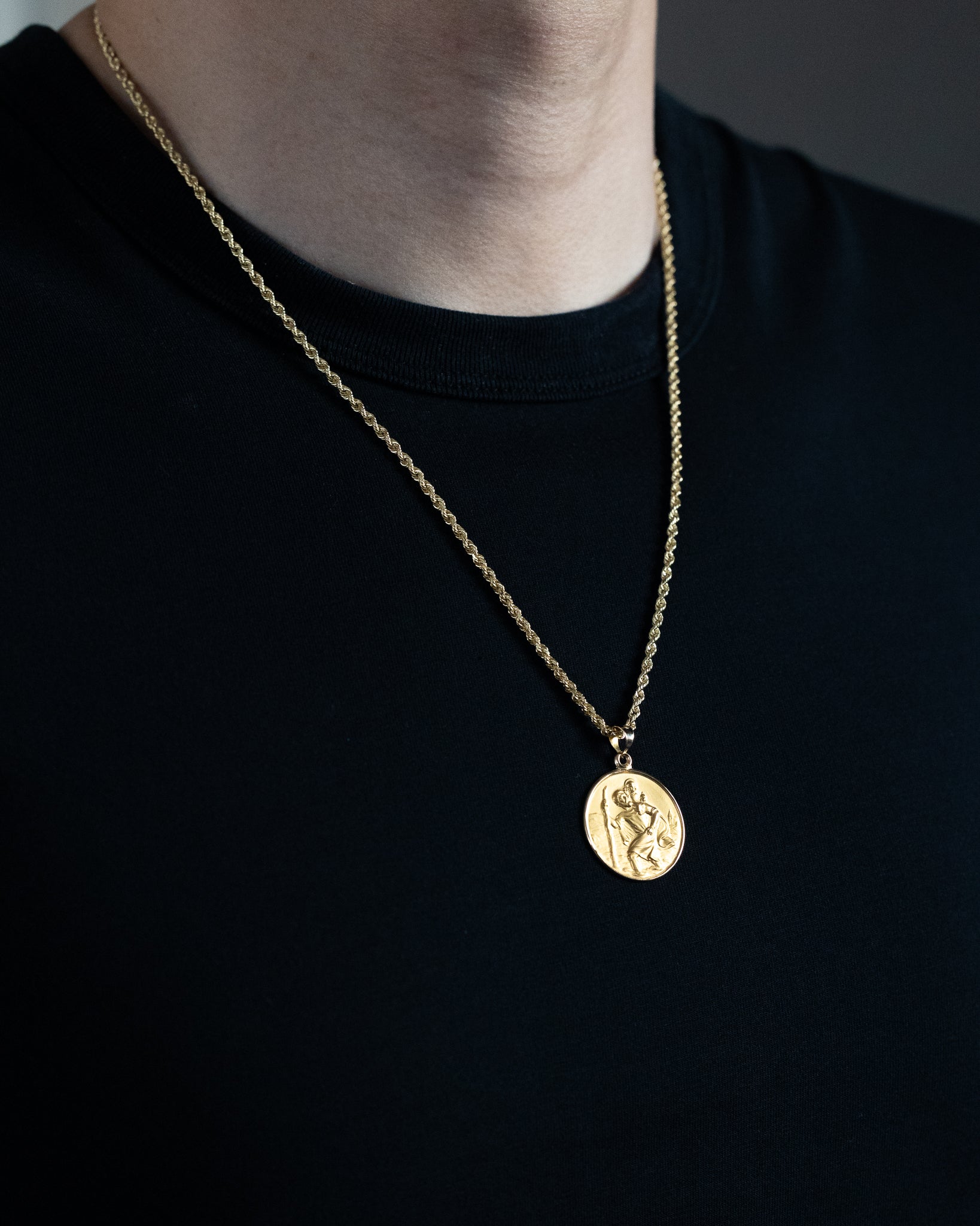 18K Gold Large Saint Christopher Protect Us Solid Medal Charm - Model 18XR14 - Charlie & Co. Jewelry