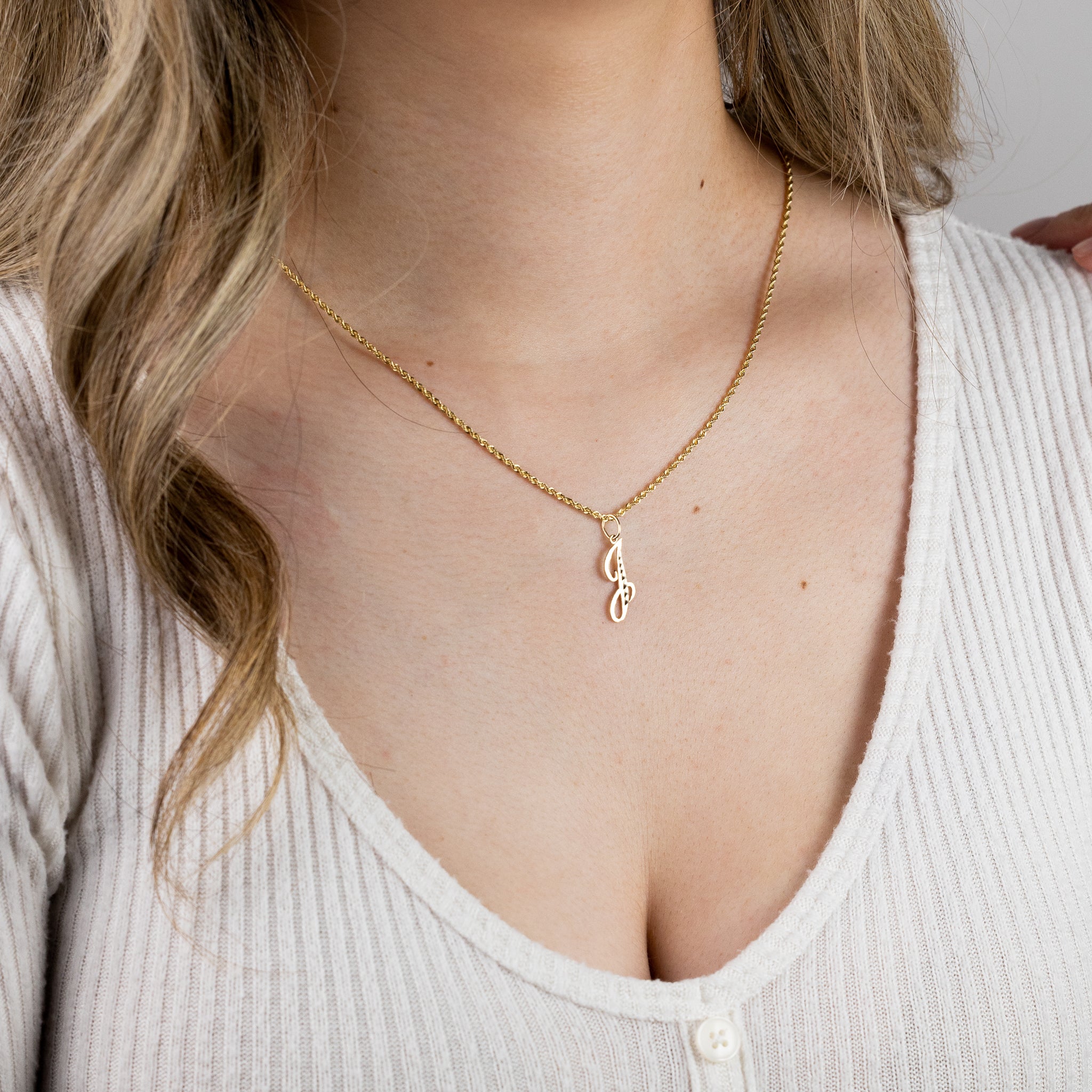 Gold Cursive Letter J Pendant | A-Z Pendants - Charlie & Co. Jewelry