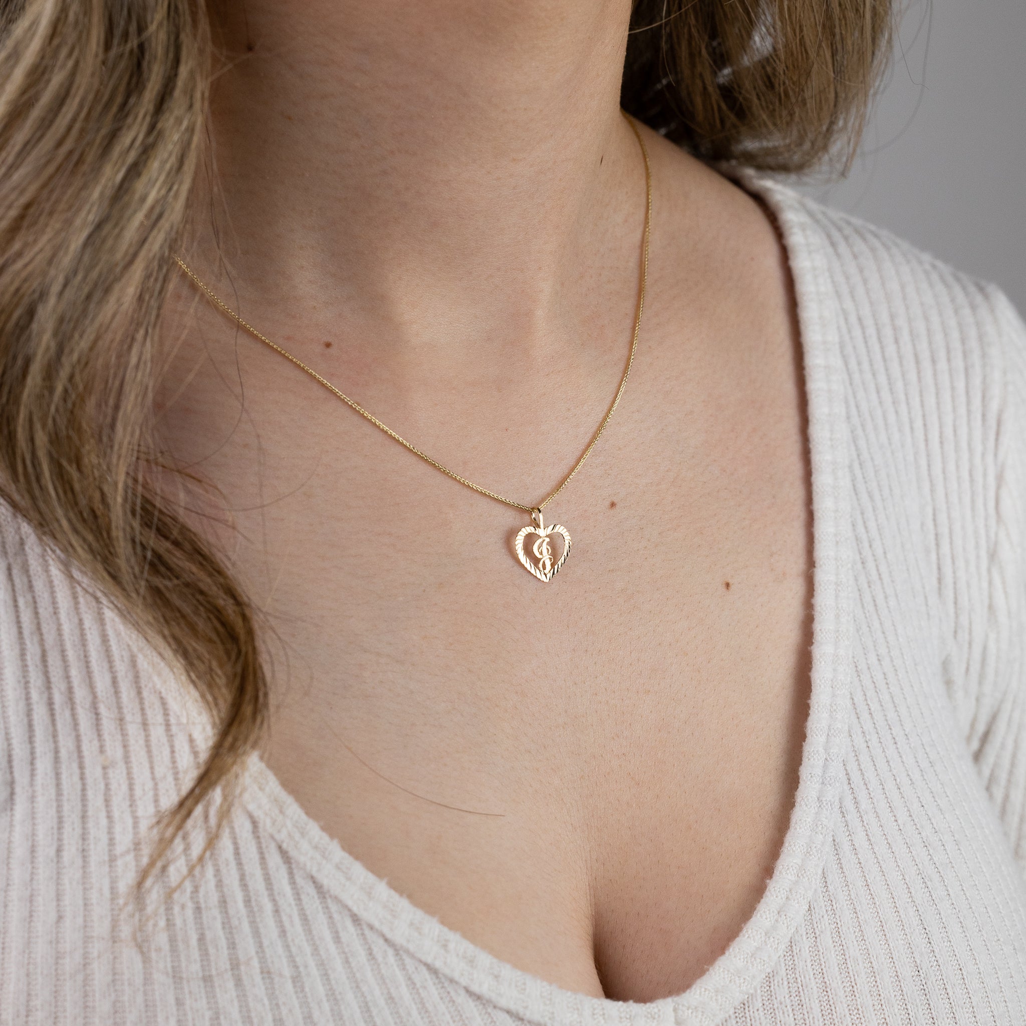 Gold Heart-Shaped Letter J Pendant | A-Z Pendants - Charlie & Co. Jewelry