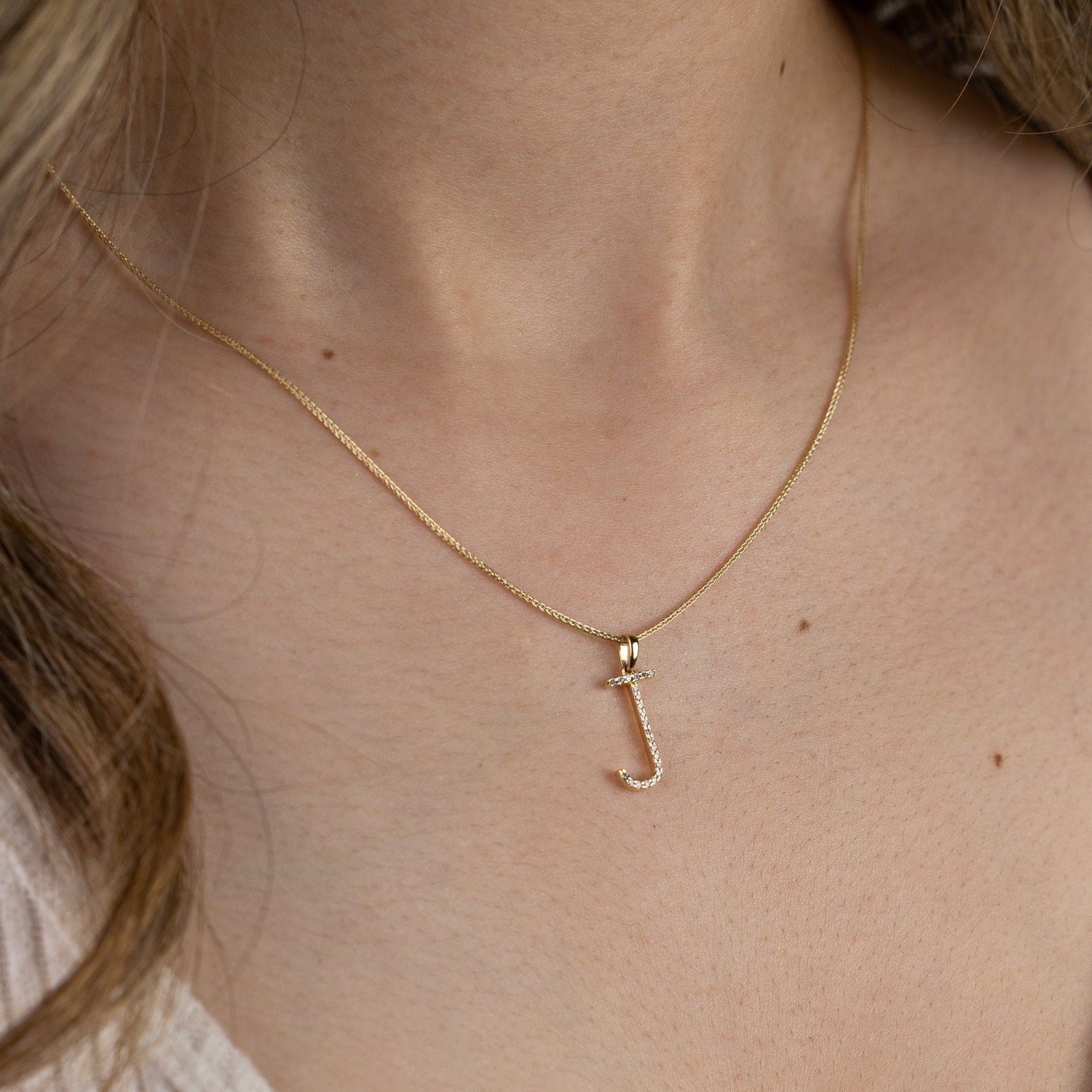 Gold Diamond Letter J Initial Pendant - Model PM5222J-010-YA - Charlie & Co. Jewelry
