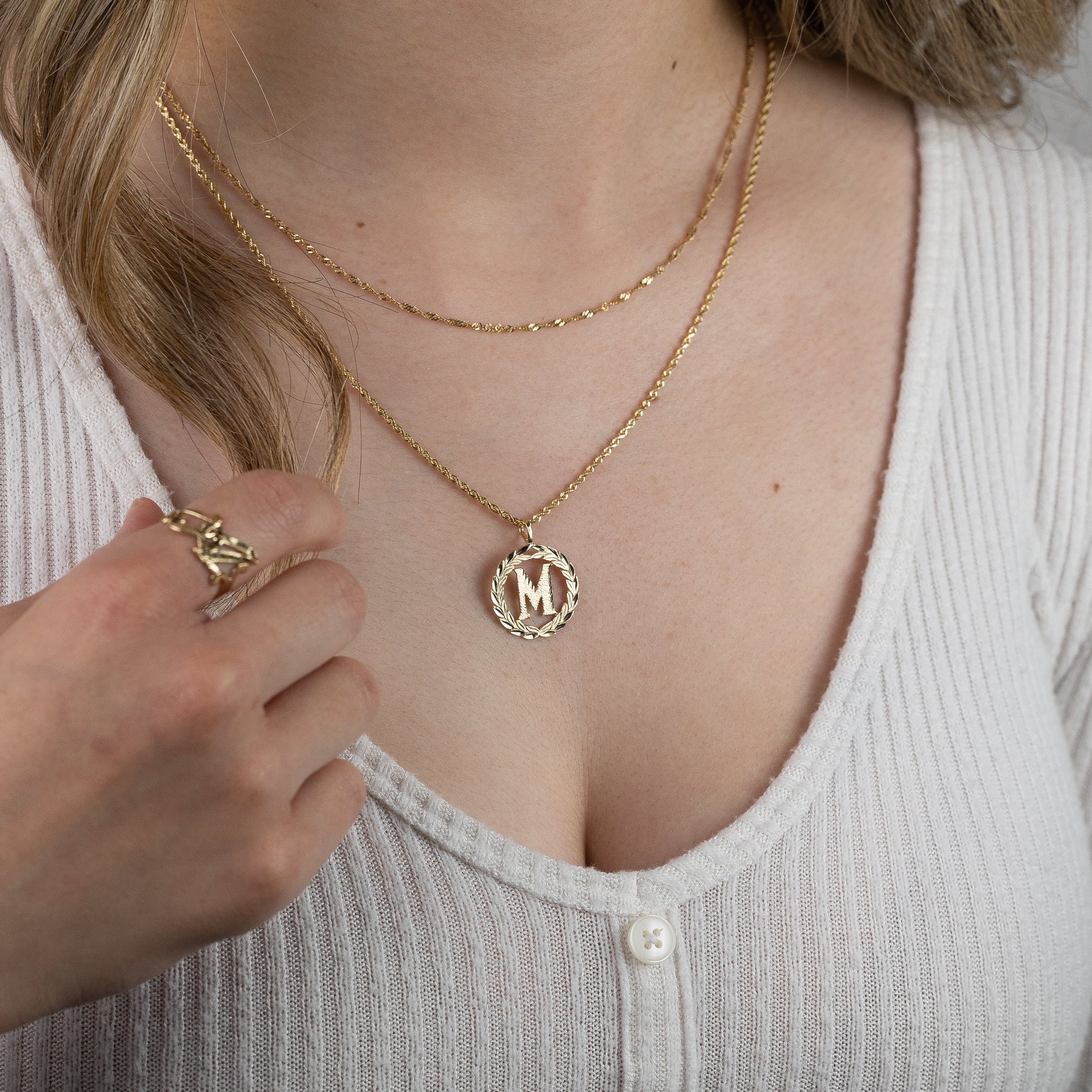 Gold Wreath M Initial Pendant | A-Z Pendants - Charlie & Co. Jewelry