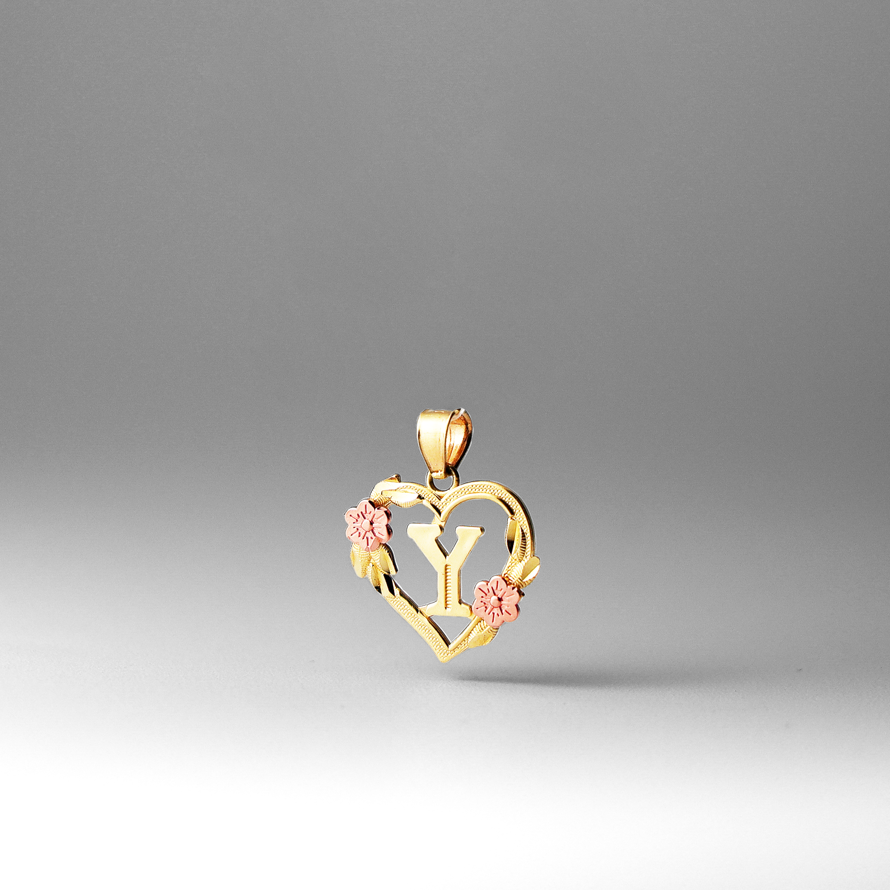 Gold Heart Letter Y Pendant with Flowers | A-Z Pendants - Charlie & Co. Jewelry