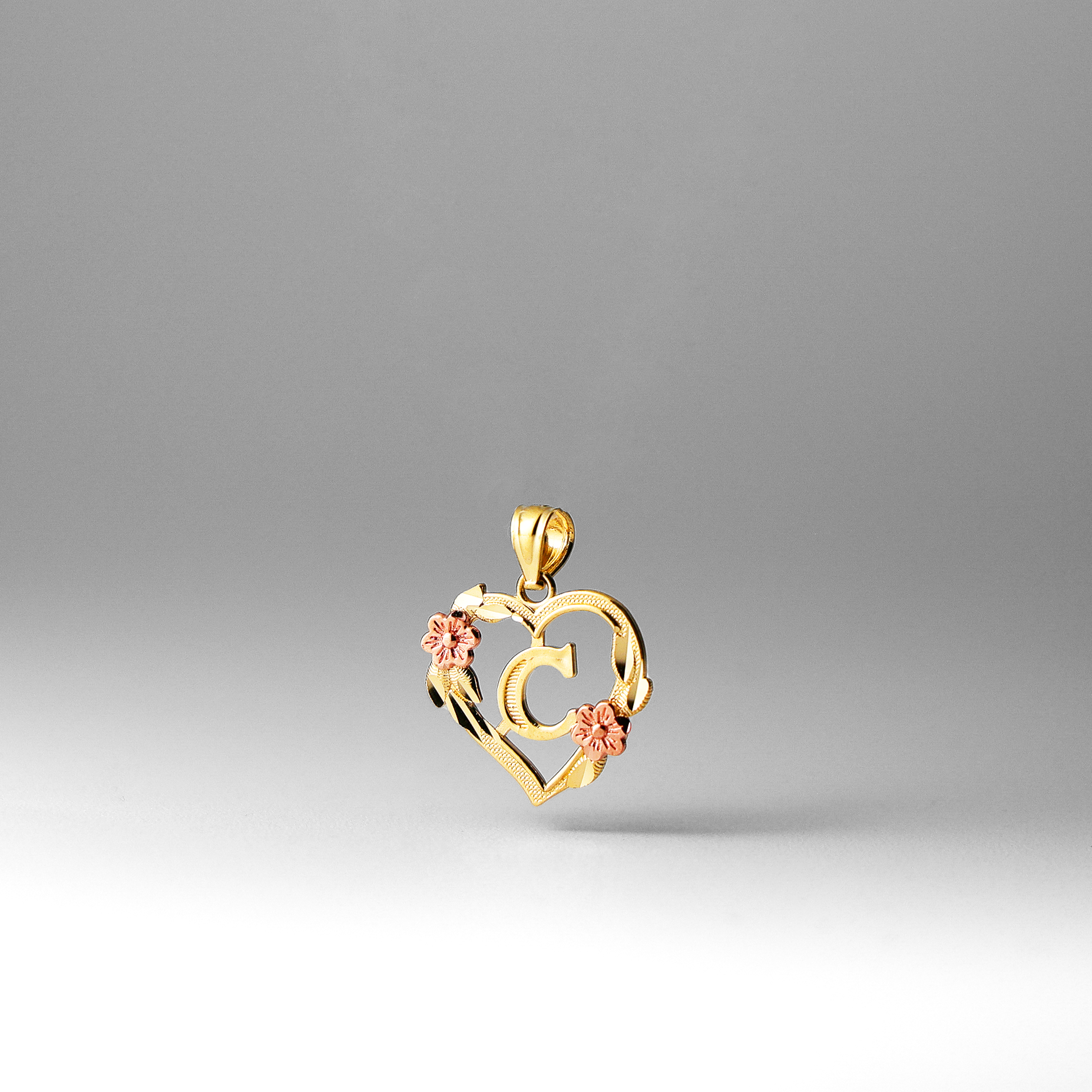 Gold Heart Letter C Pendant with Flowers | A-Z Pendants - Charlie & Co. Jewelry