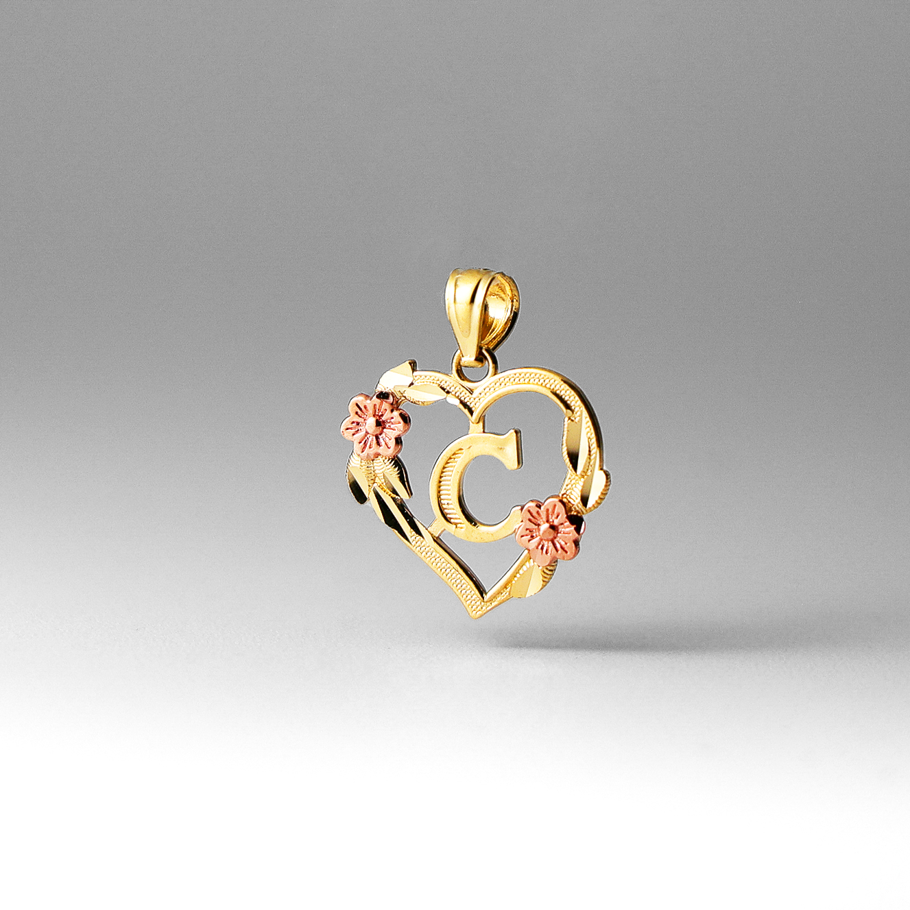Gold Heart Letter C Pendant with Flowers | A-Z Pendants - Charlie & Co. Jewelry