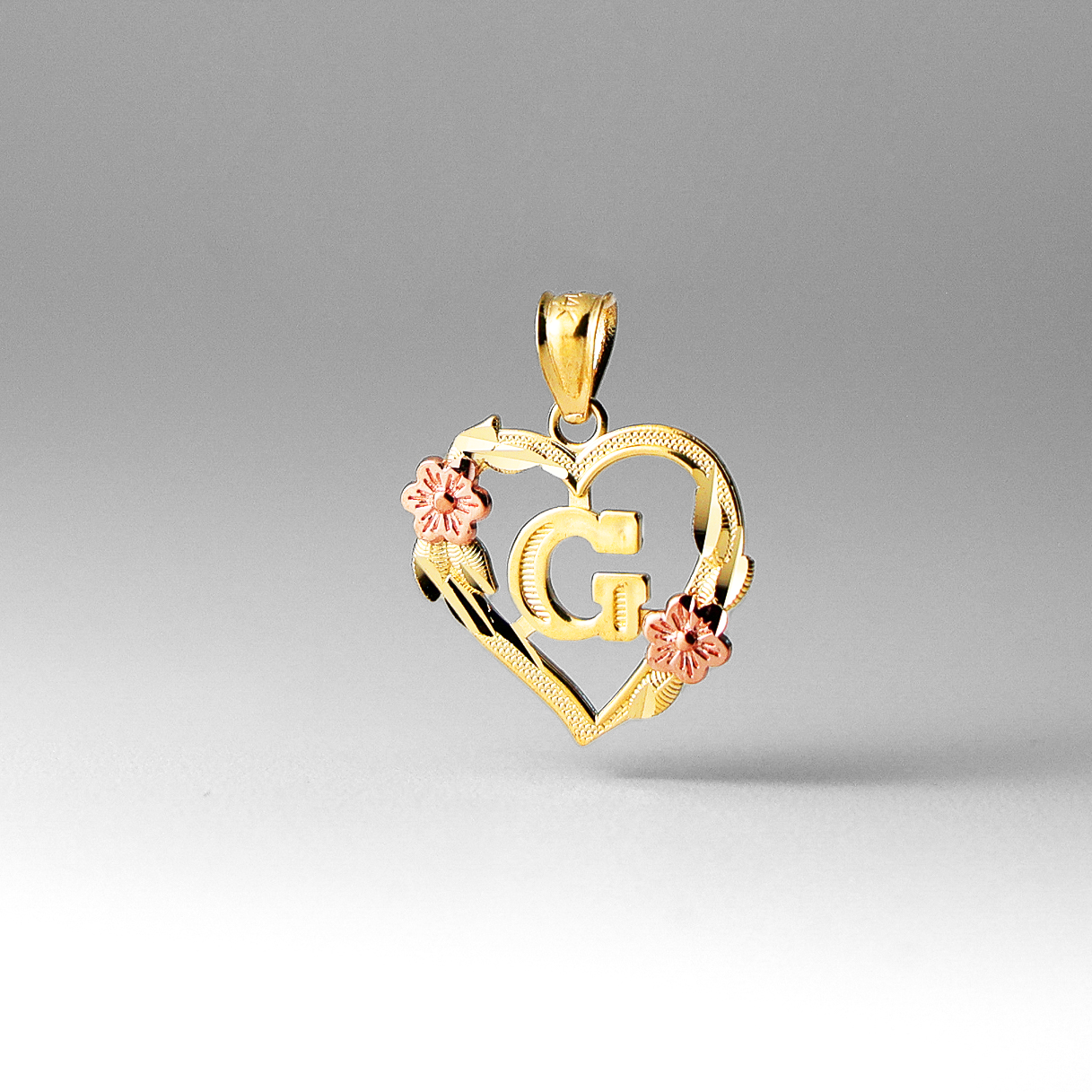 Gold Heart Letter G Pendant with Flowers | A-Z Pendants - Charlie & Co. Jewelry