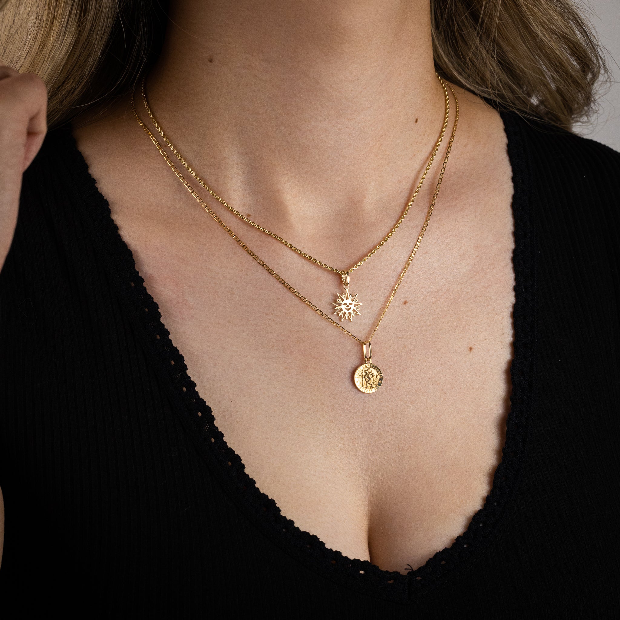 St. Christopher Gold Medal & Smiling Sun Pendant Duo - Charlie & Co. Jewelry
