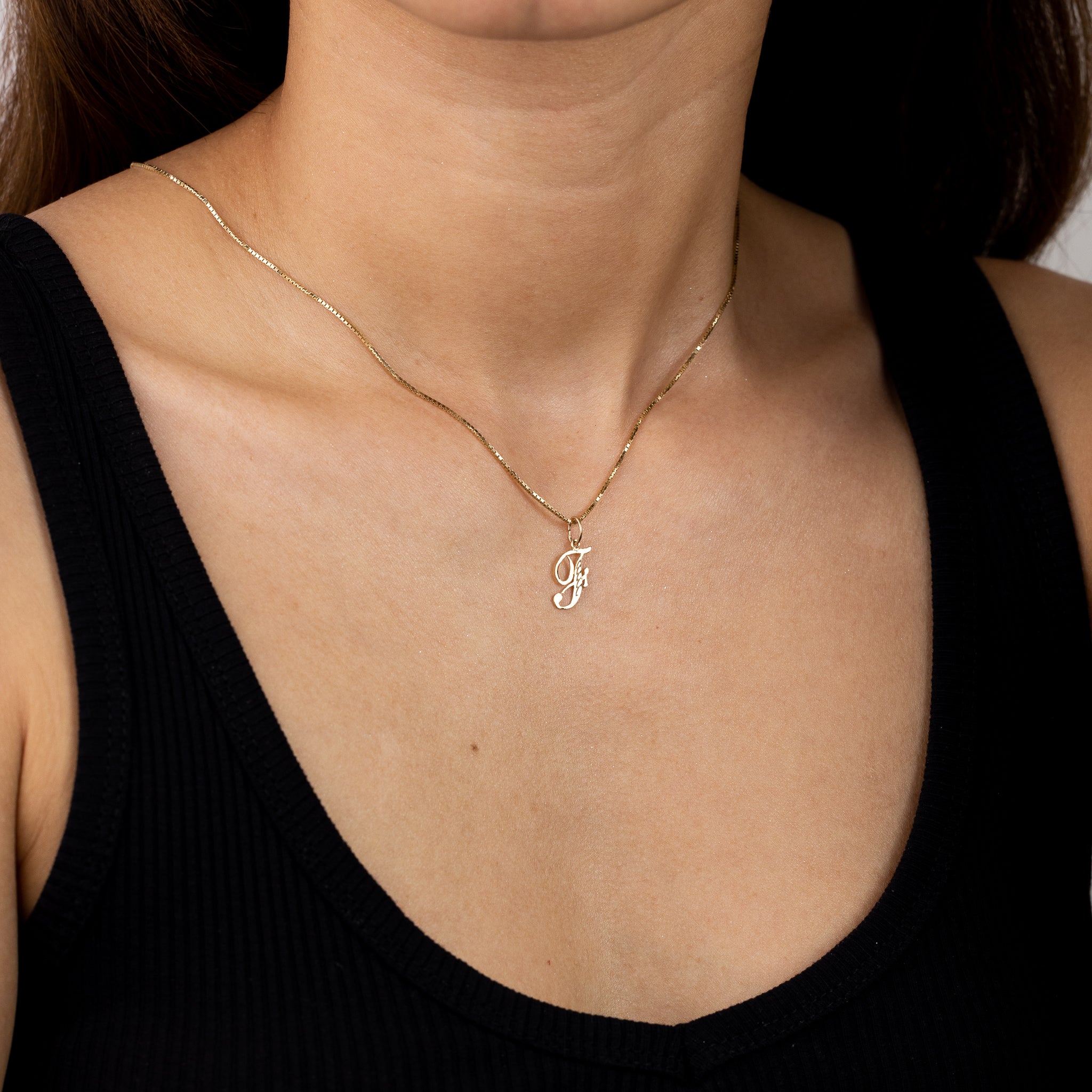 Gold Cursive Letter F Pendant | A-Z Pendants - Charlie & Co. Jewelry