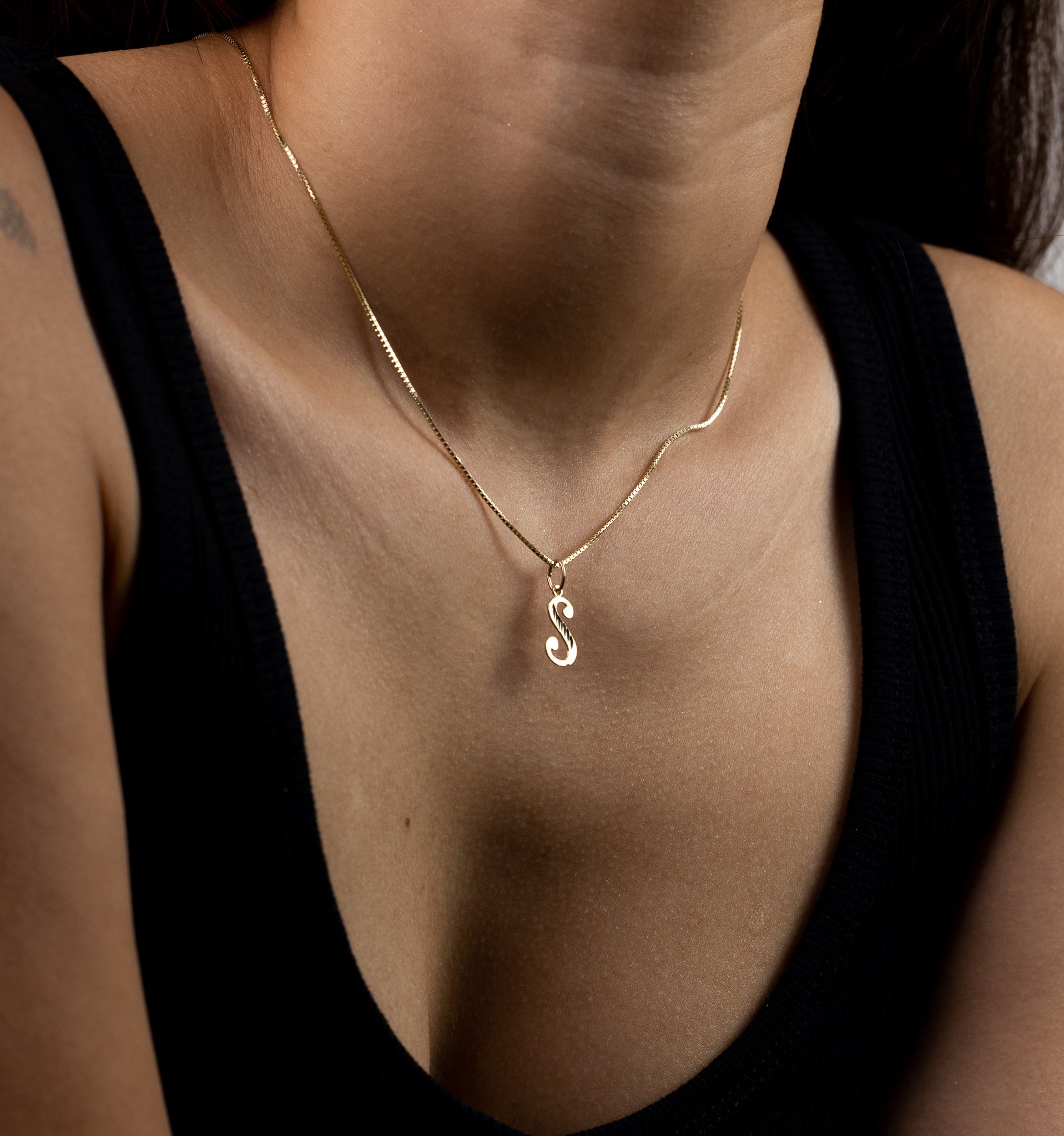 Gold Cursive Letter S Pendant | A-Z Pendants - Charlie & Co. Jewelry