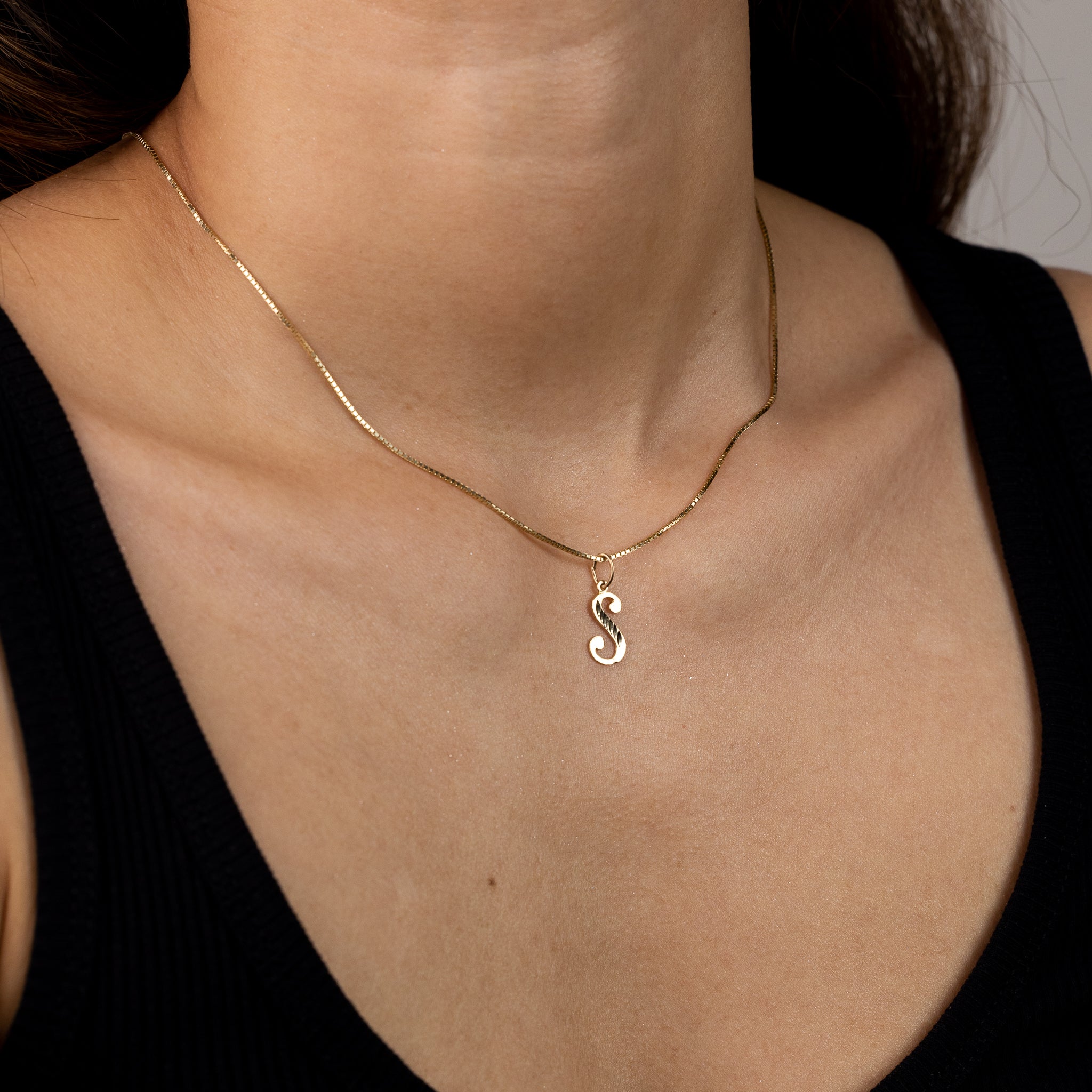 Gold Cursive Letter S Pendant | A-Z Pendants - Charlie & Co. Jewelry