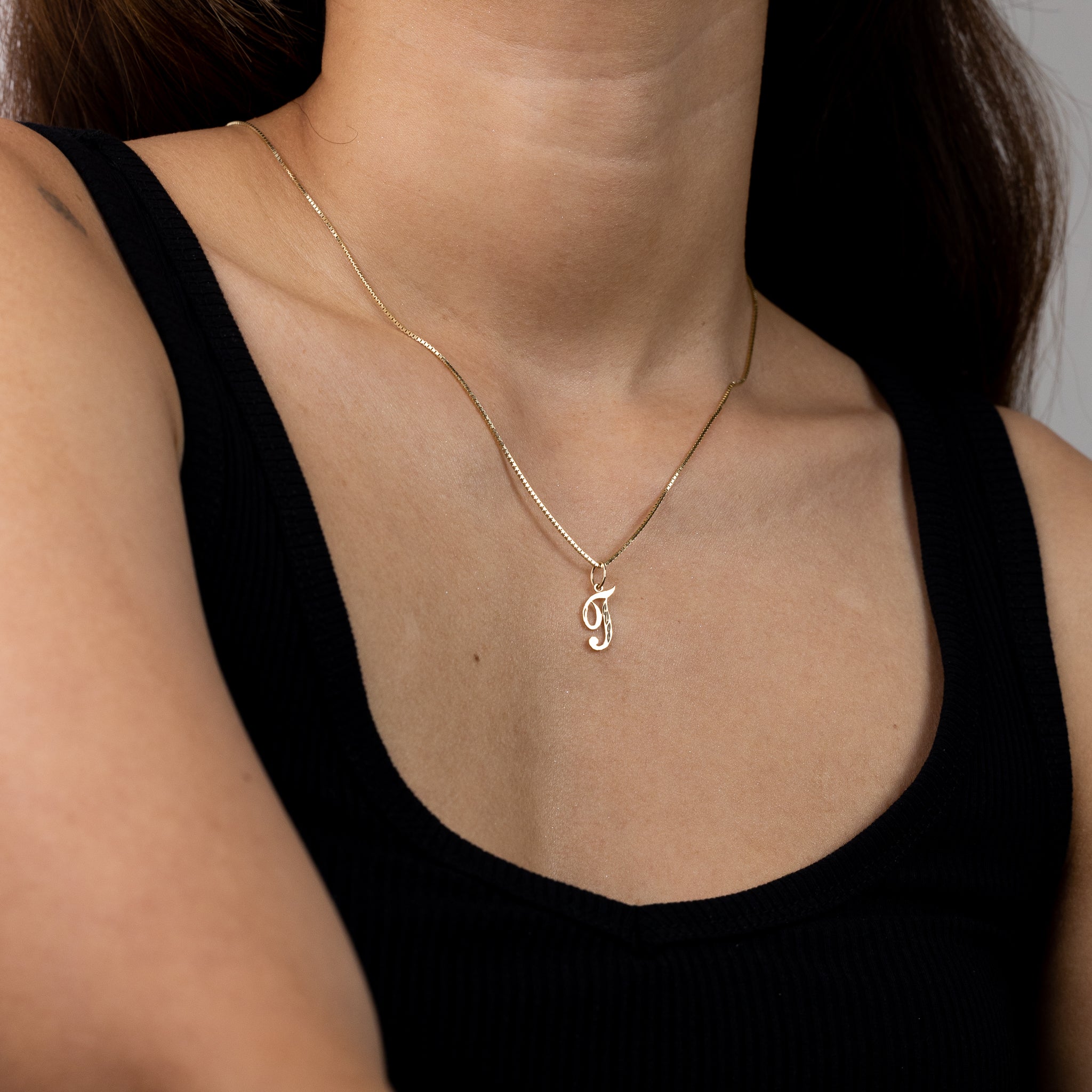 Gold Cursive Letter T Pendant | A-Z Pendants - Charlie & Co. Jewelry