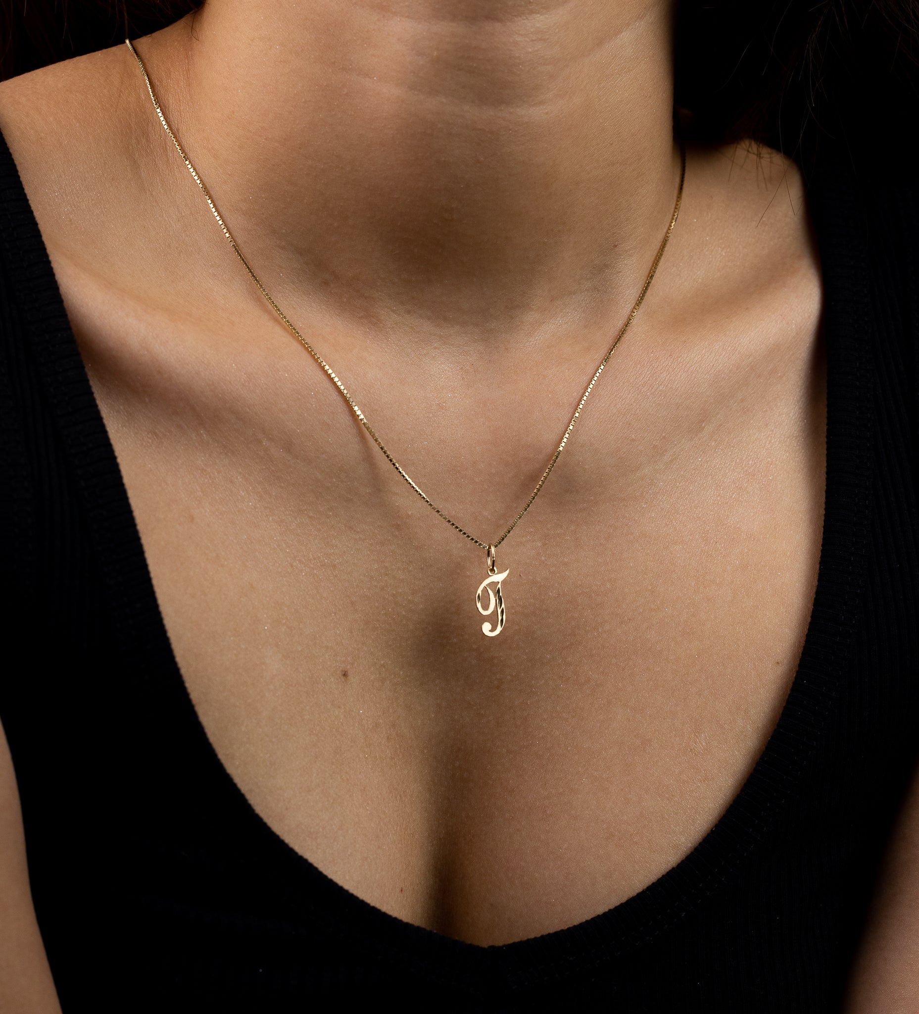 Gold Cursive Letter T Pendant | A-Z Pendants - Charlie & Co. Jewelry
