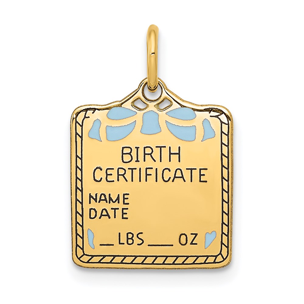 Charlie & Co Jewelry | 14k Enameled Blue Engravable Birth Certificate Charm - Model A0363/B