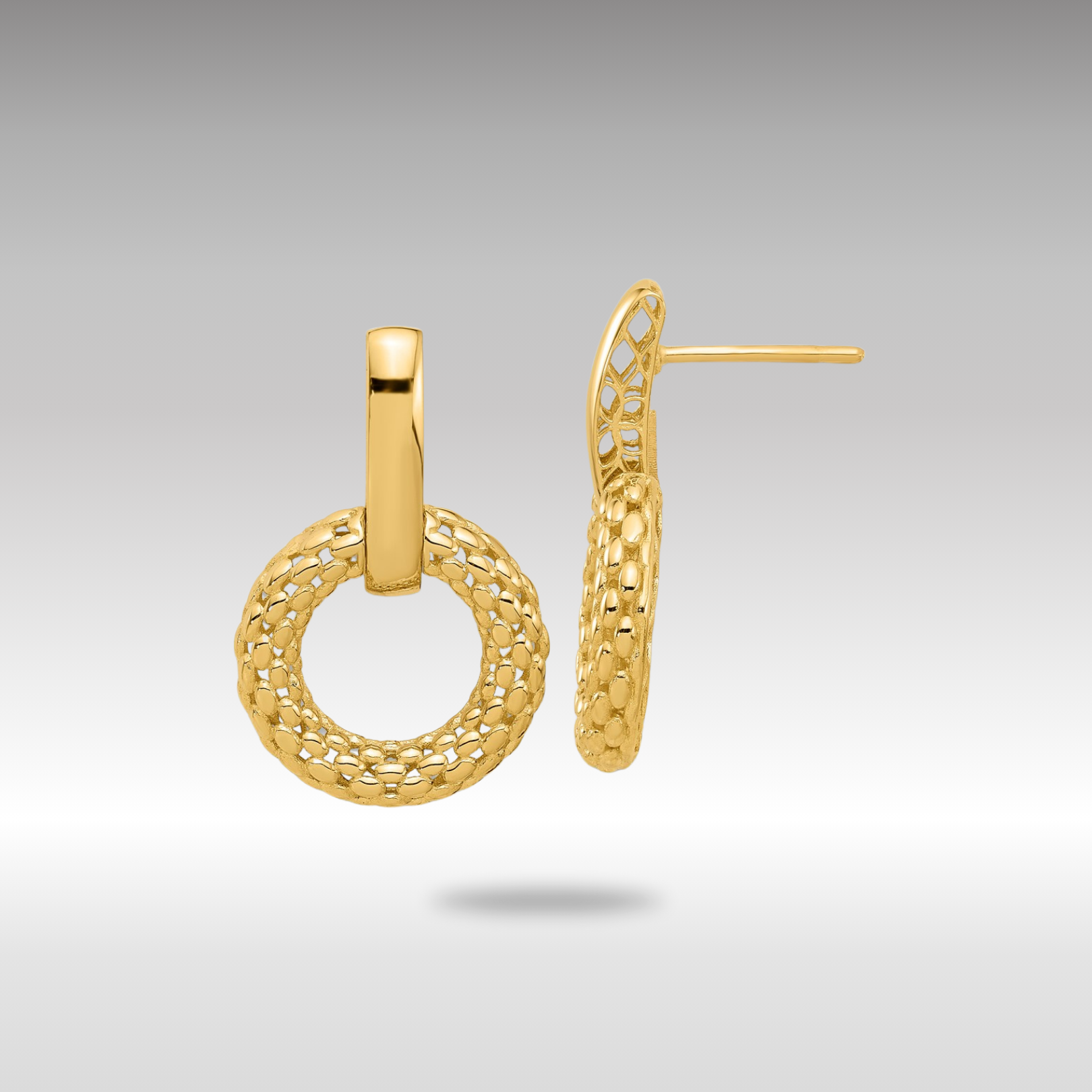 Gold Circle Mesh Earrings with Polished Post - Model BMDL107E - Charlie & Co. Jewelry