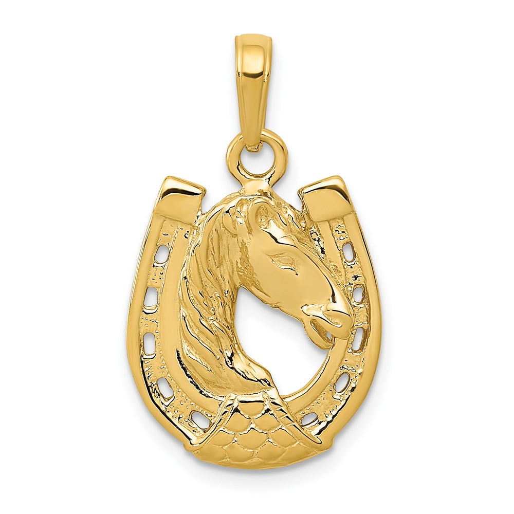 14k Gold Polished Horse Head in Horseshoe Necklace Pendant - Charlie & Co. Jewelry
