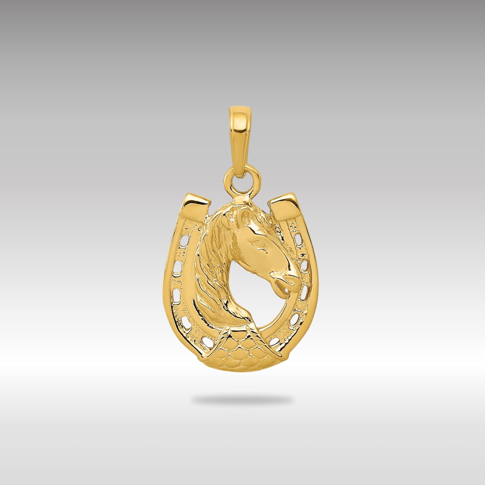 Gold Polished Horse Head in Horseshoe Necklace Pendant - Charlie & Co. Jewelry